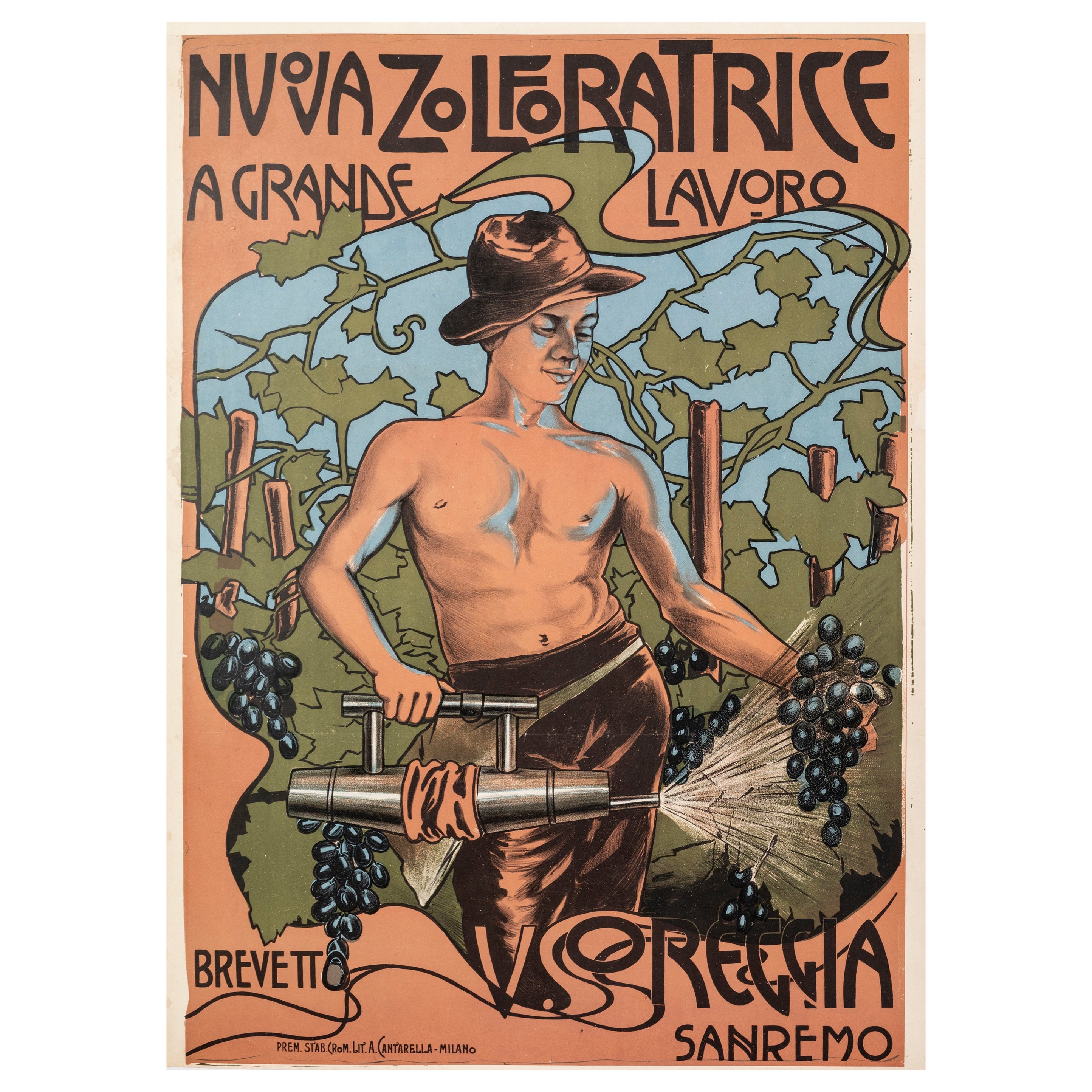 Original Art Nouveau Poster, Nueva Zolforatrice, Wine, Vineyard, Grape, Man 1910 For Sale