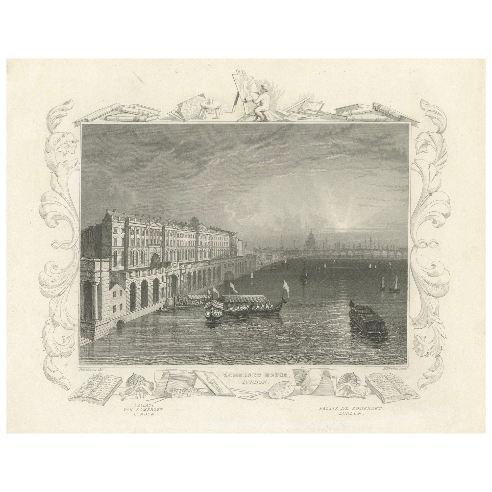 Thames Embankment and the Grandeur of Somerset House: A Steel Engraving, 1835 For Sale