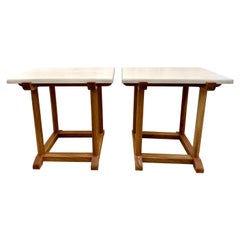 French Oak Turned Wood Side-tables with Honed Marble Slab, Pair