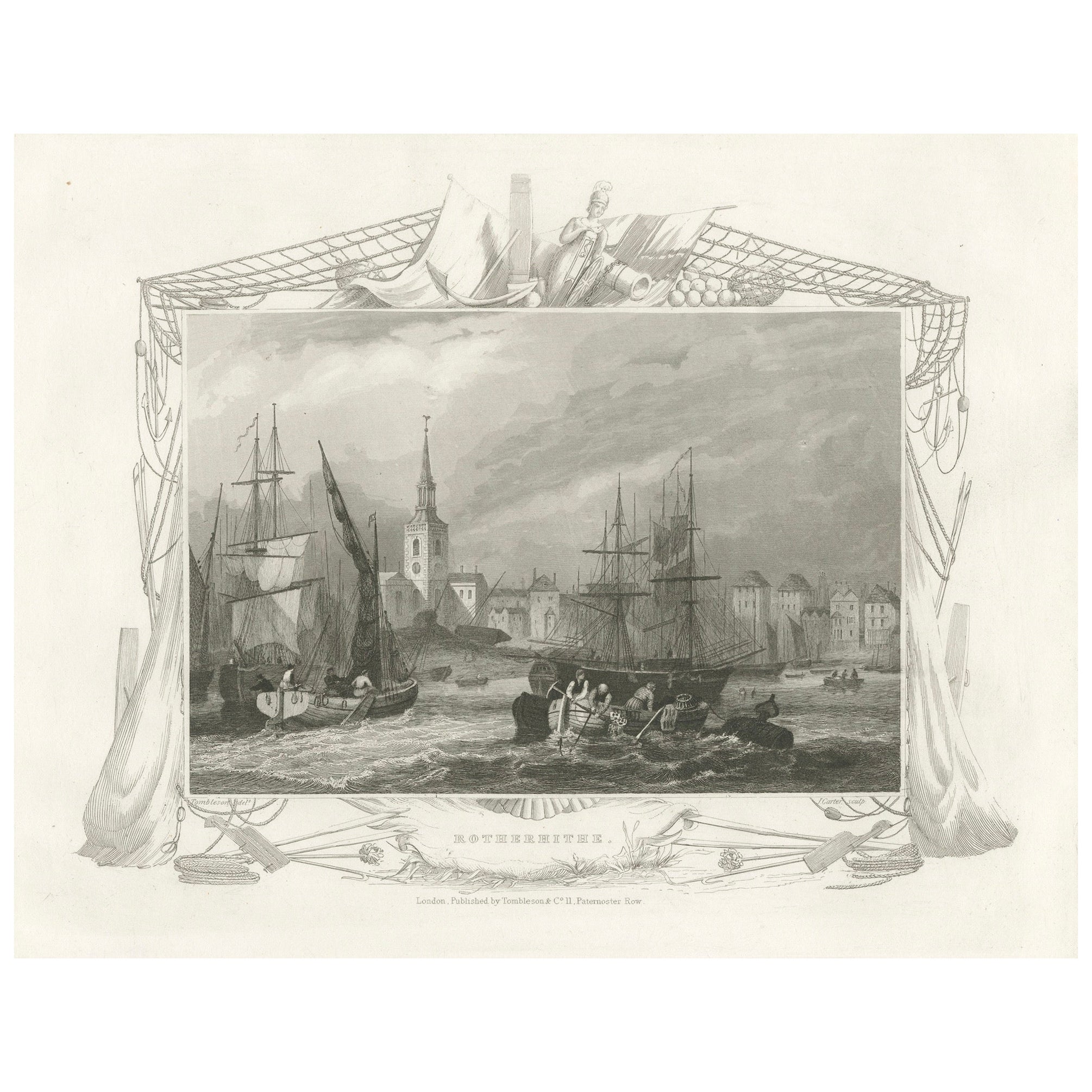 Rotherhithe's Maritime Past: Sailing Ships and St. Mary's Church Spire, 1835 For Sale