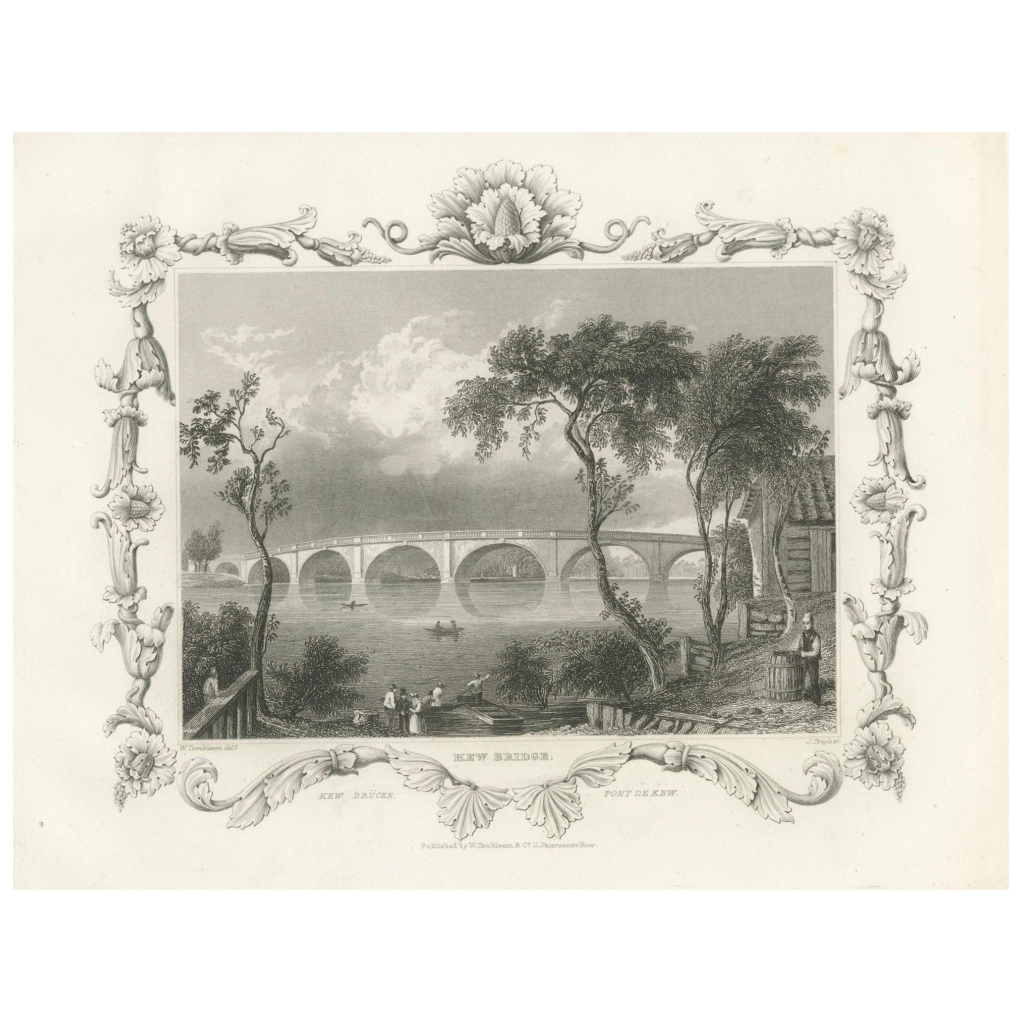  Charmante gravure du pont de Kew au-dessus de la Tamise, 1835