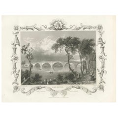 Charmante gravure du pont de Kew au-dessus de la Tamise, 1835