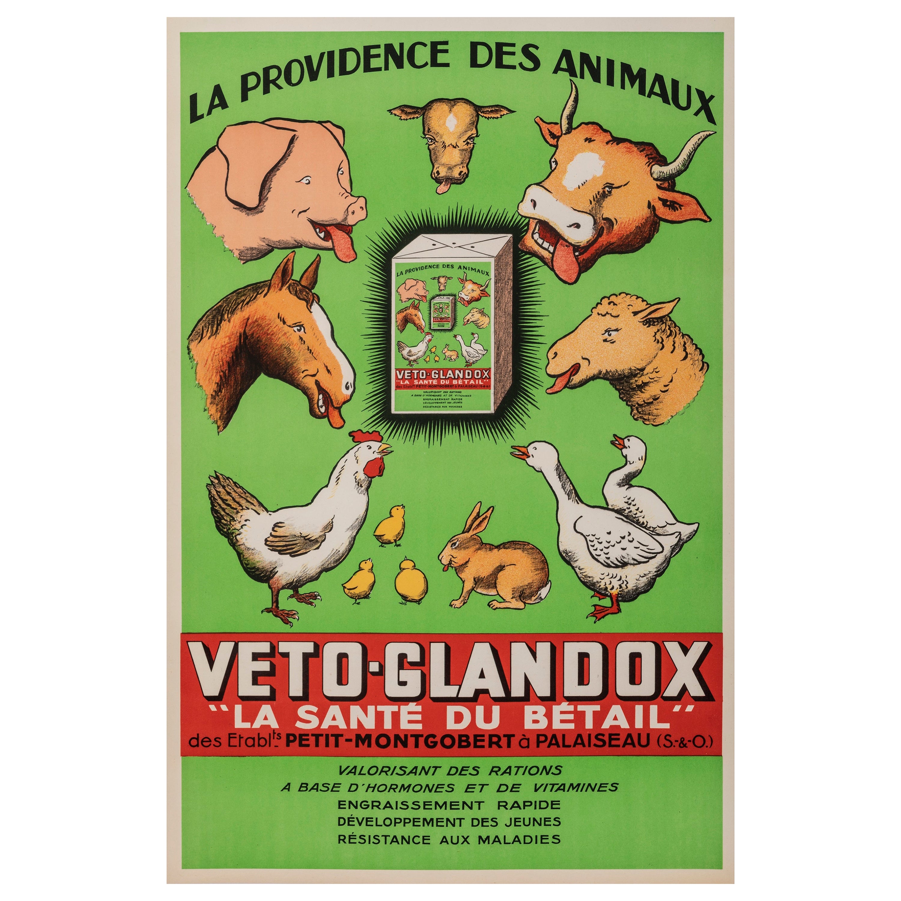 Affiche vintage d'origine, Veto Glandox, animaux de ferme, porc, cheval, poulet, 1939