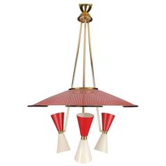 Large Italian Brass Chandelier, 1950s Modernist Stilnovo Pendant Lamp 8
