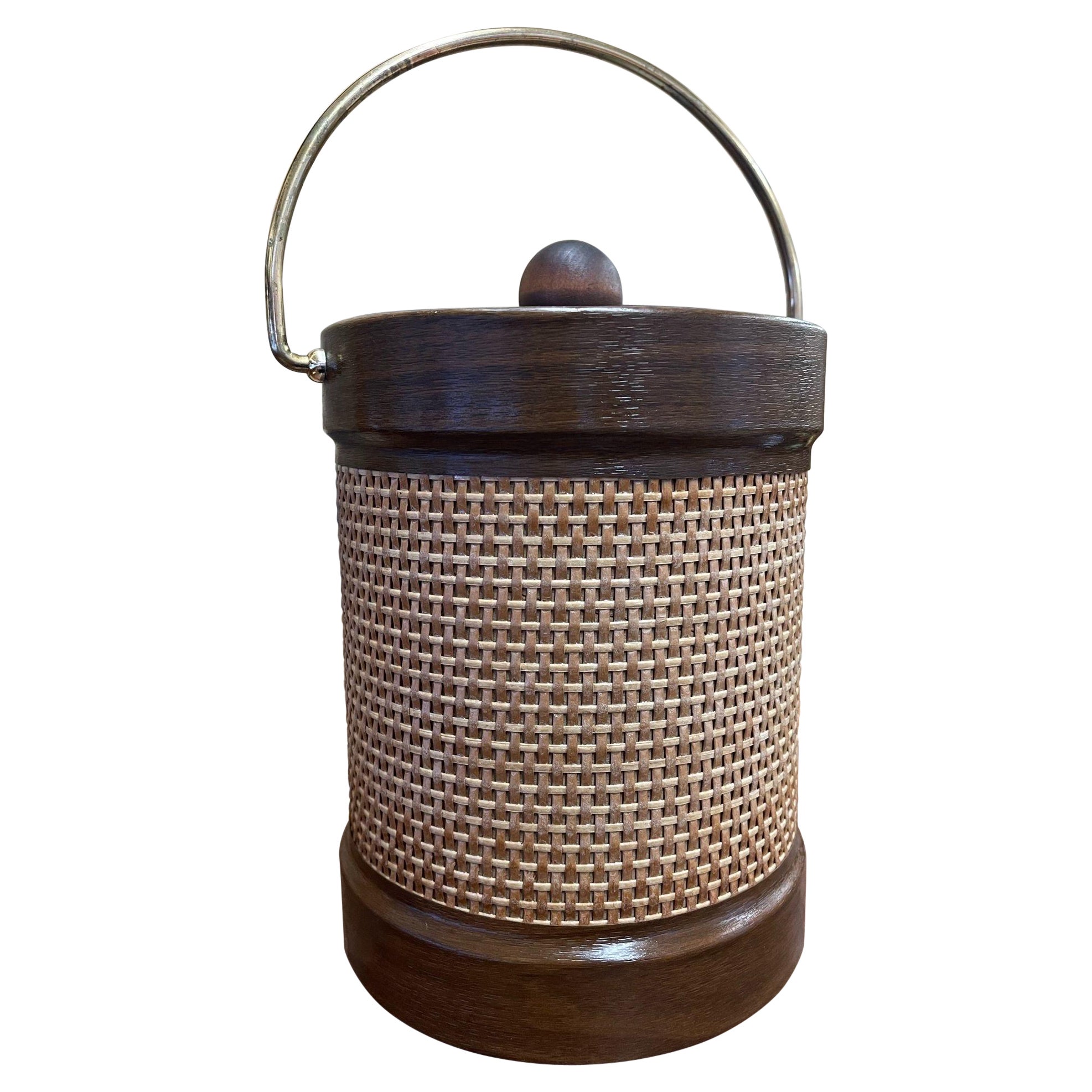 Vintage Mid Century Modern Ice Holder With Rattan and Walnut Toned Wood Accent. For Sale