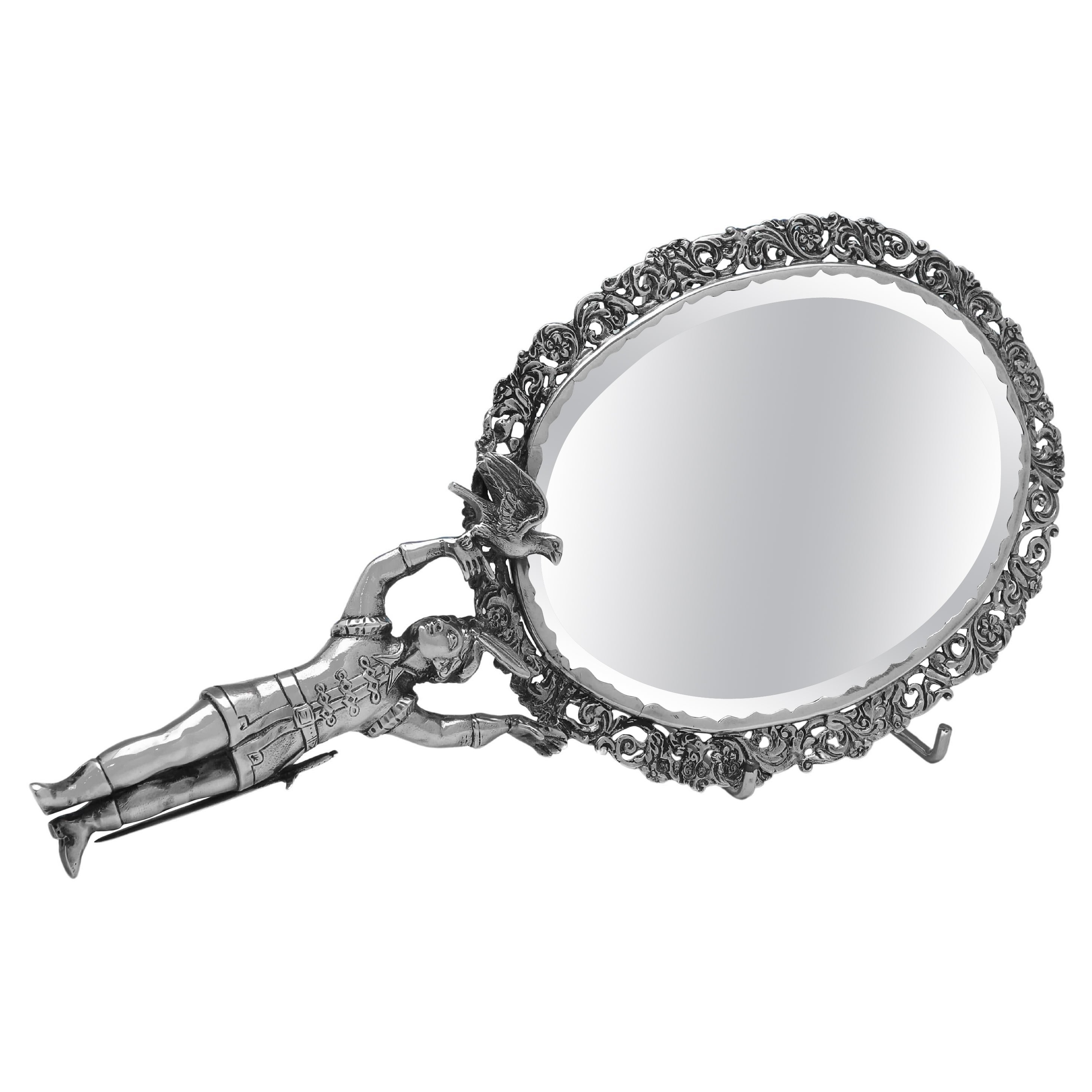 Figural Antique Sterling Silver Hand Mirror - London 1882 For Sale