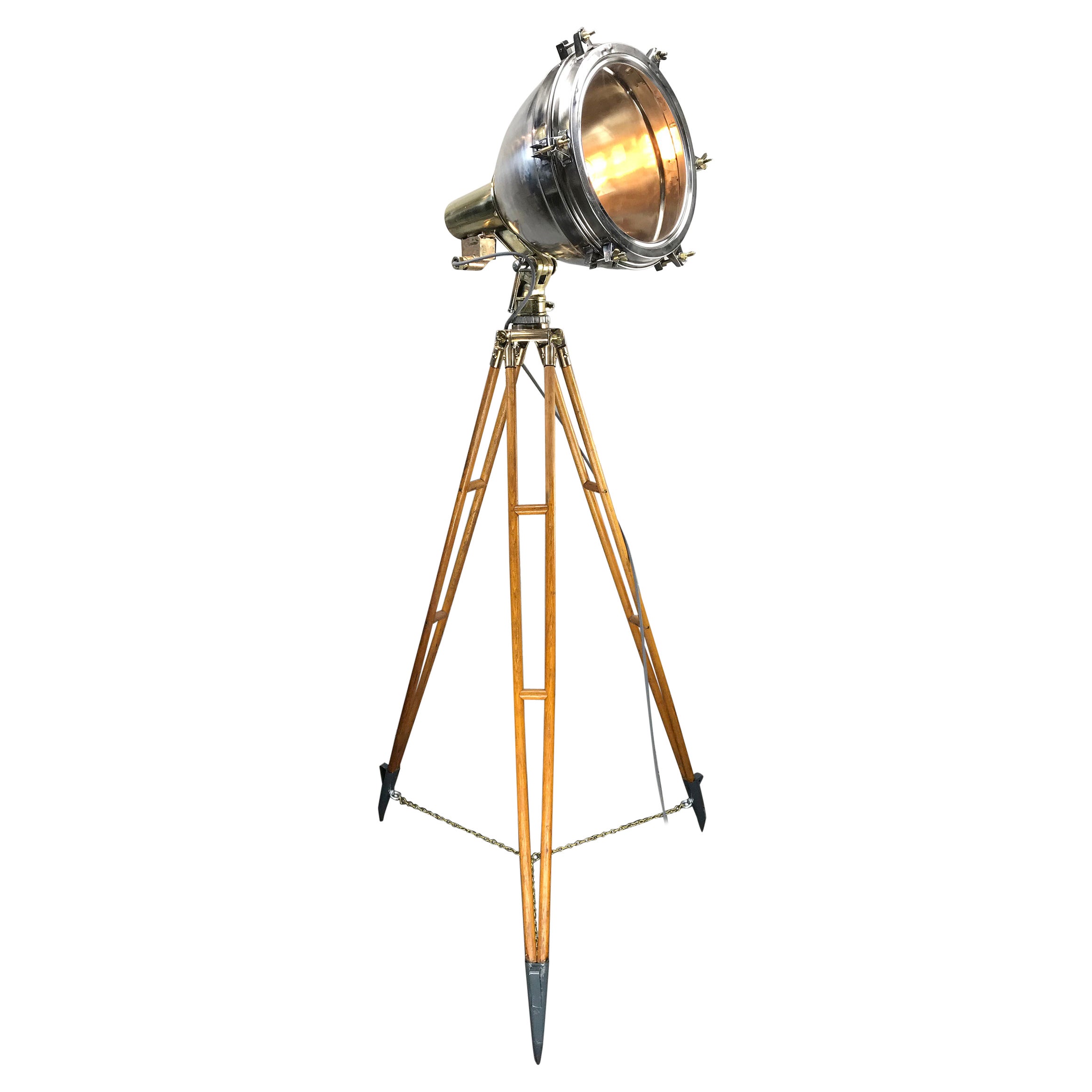 1970s Japanese Industrial Brass, Bronze and Stainless Steel Search Light Tripod For Sale