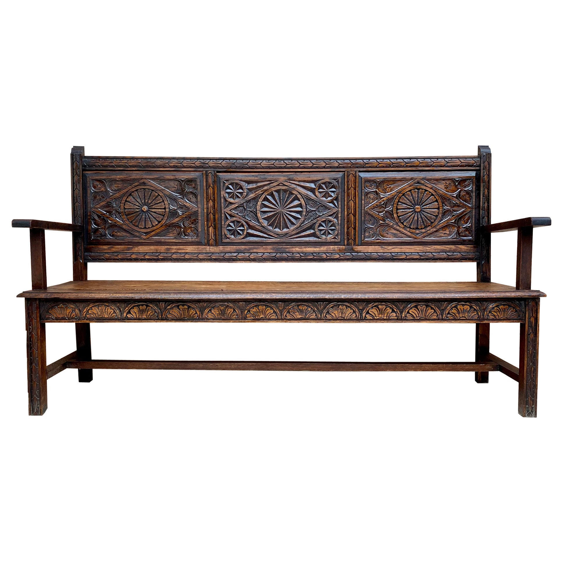 Early 20th Century French Carved Walnut Large Bench, 1920s For Sale