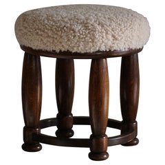 Antique Danish Art Deco, A Round Footstool, Reupholstered Seat in Lambswool, 1940s