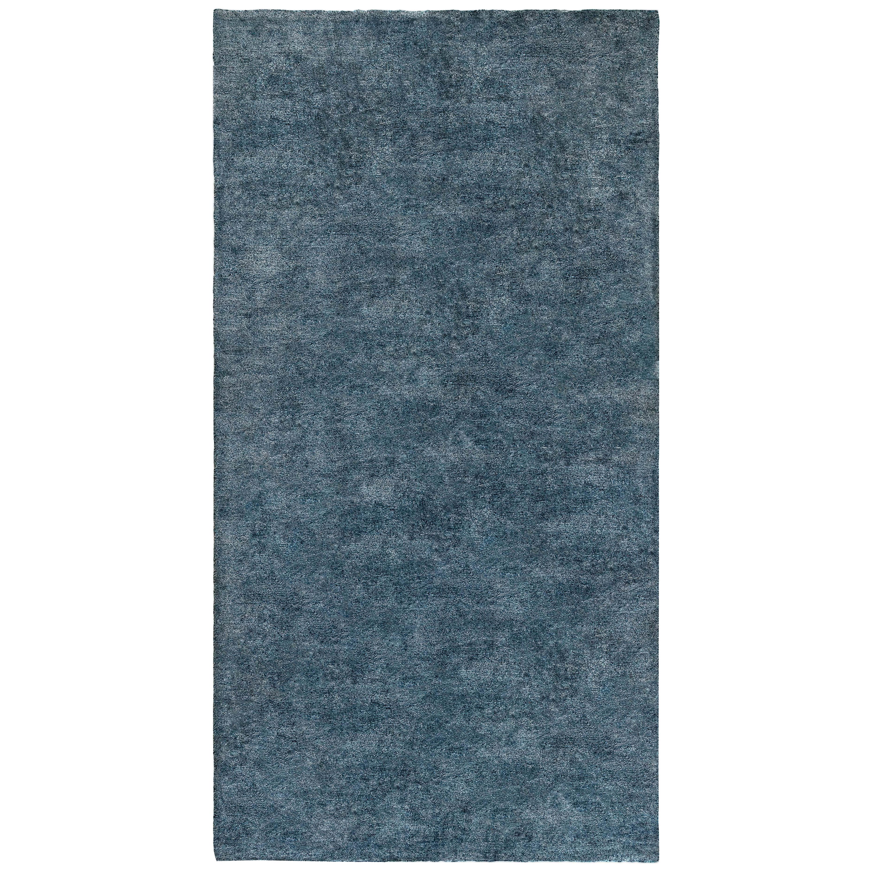 Midcentury French Modern Blue Handmade Wool Rug For Sale