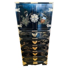 Chinoiserie Orientalischer Mid-Century-Schwarzer Lack-Schmuck-Kommodenschmuck