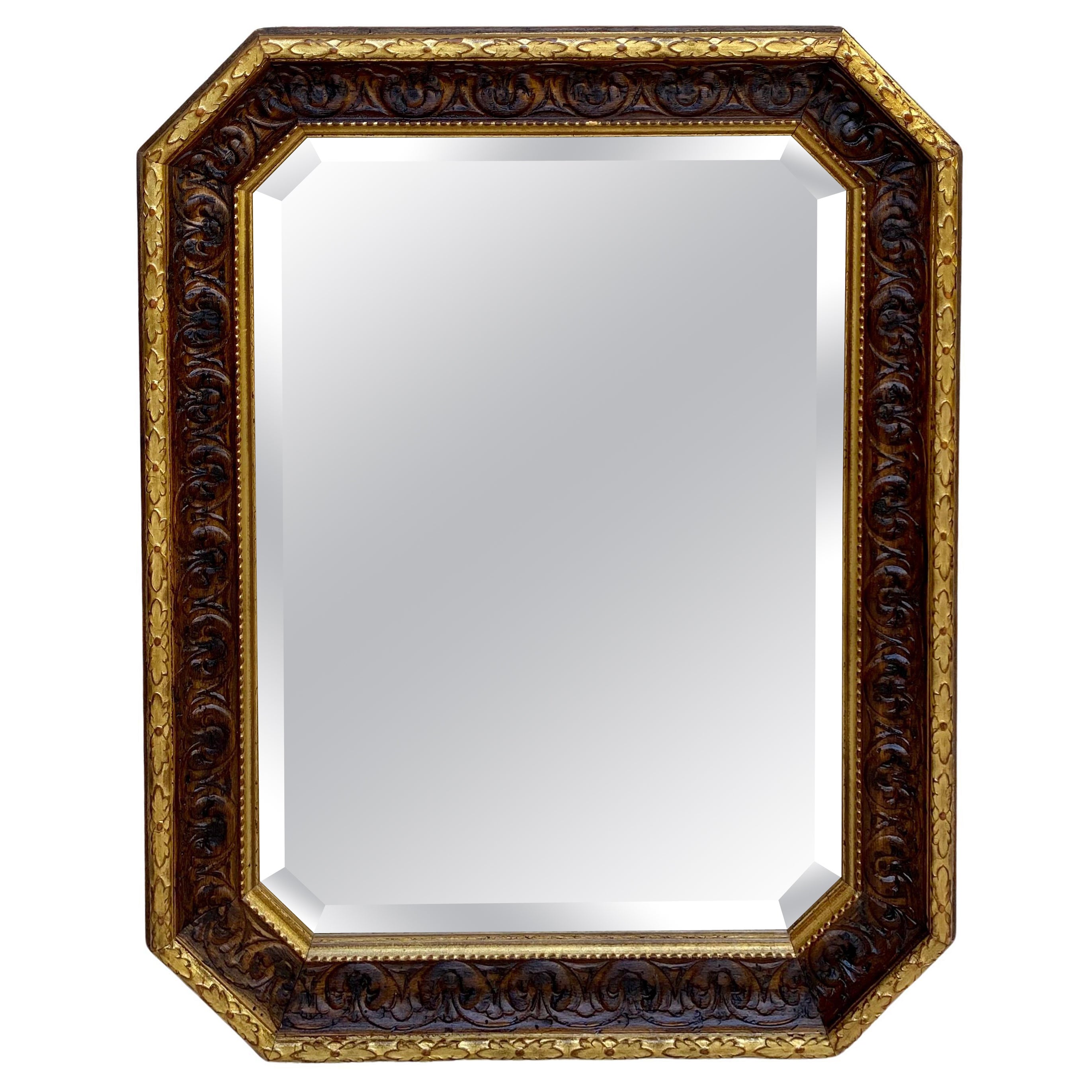 Octogonal Wall Mirror with Carved Gold Wooden Frame, 1940s For Sale