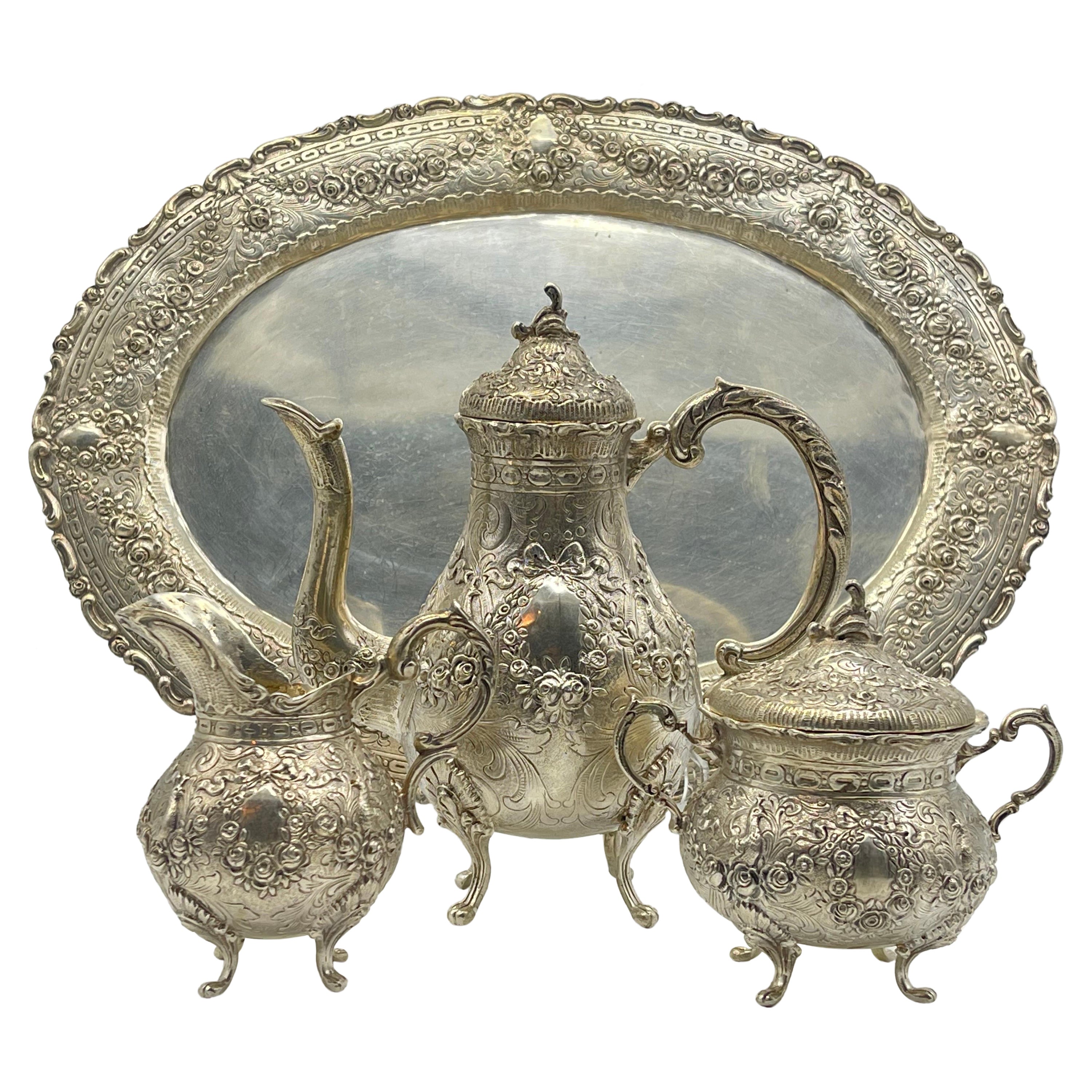 Antique Silver centerpiece with tablet 800 Germany Swan Roses ornament 4 pieces  For Sale