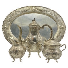 Centrotavola antico in argento con tavoletta 800 Germania ornamento con rose di cigno 4 pezzi