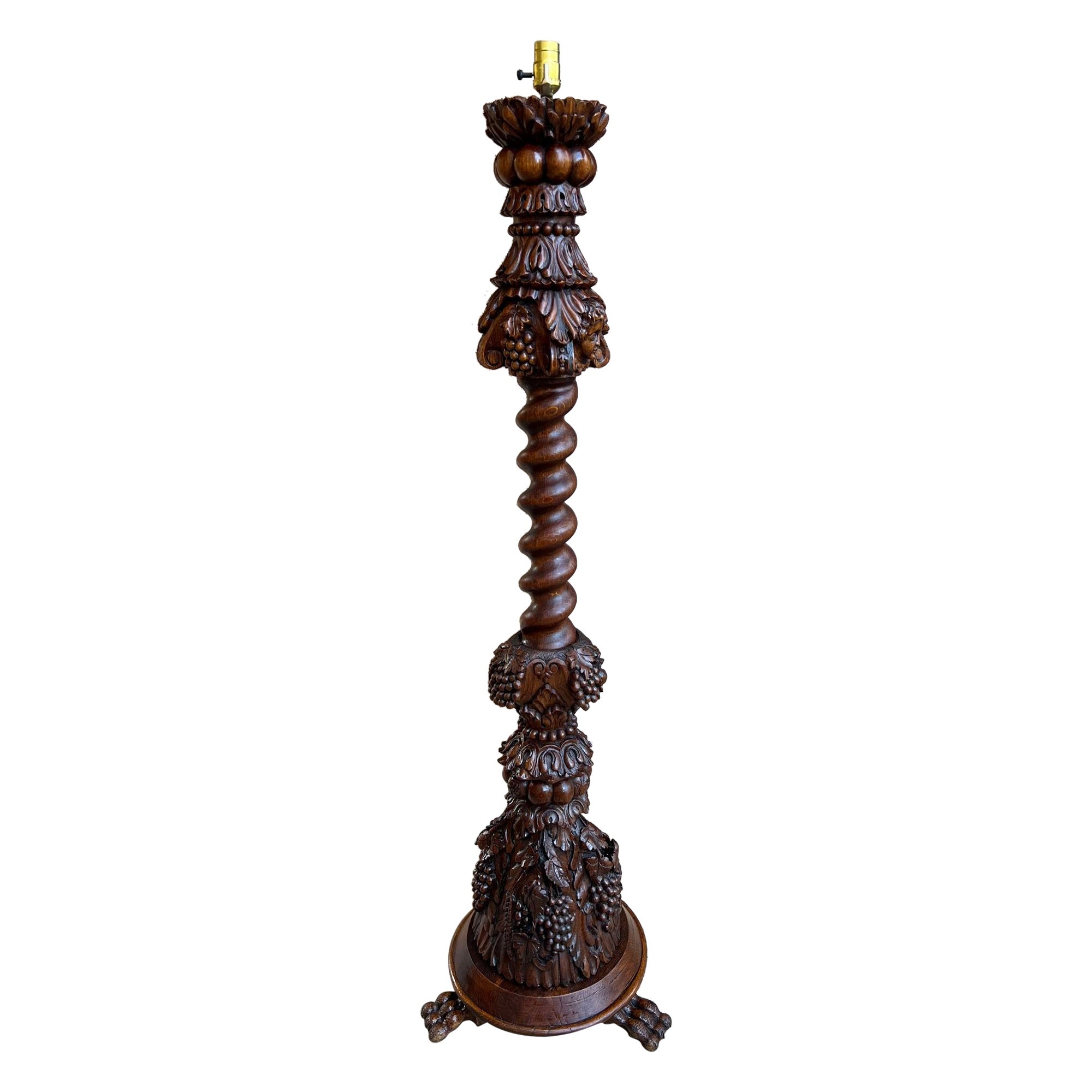 Antique French Renaissance Floor Lamp Light Carved Oak Barley Twist Baluster For Sale