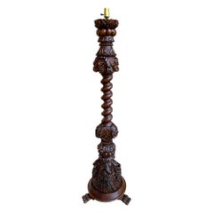 Used French Renaissance Floor Lamp Light Carved Oak Barley Twist Baluster