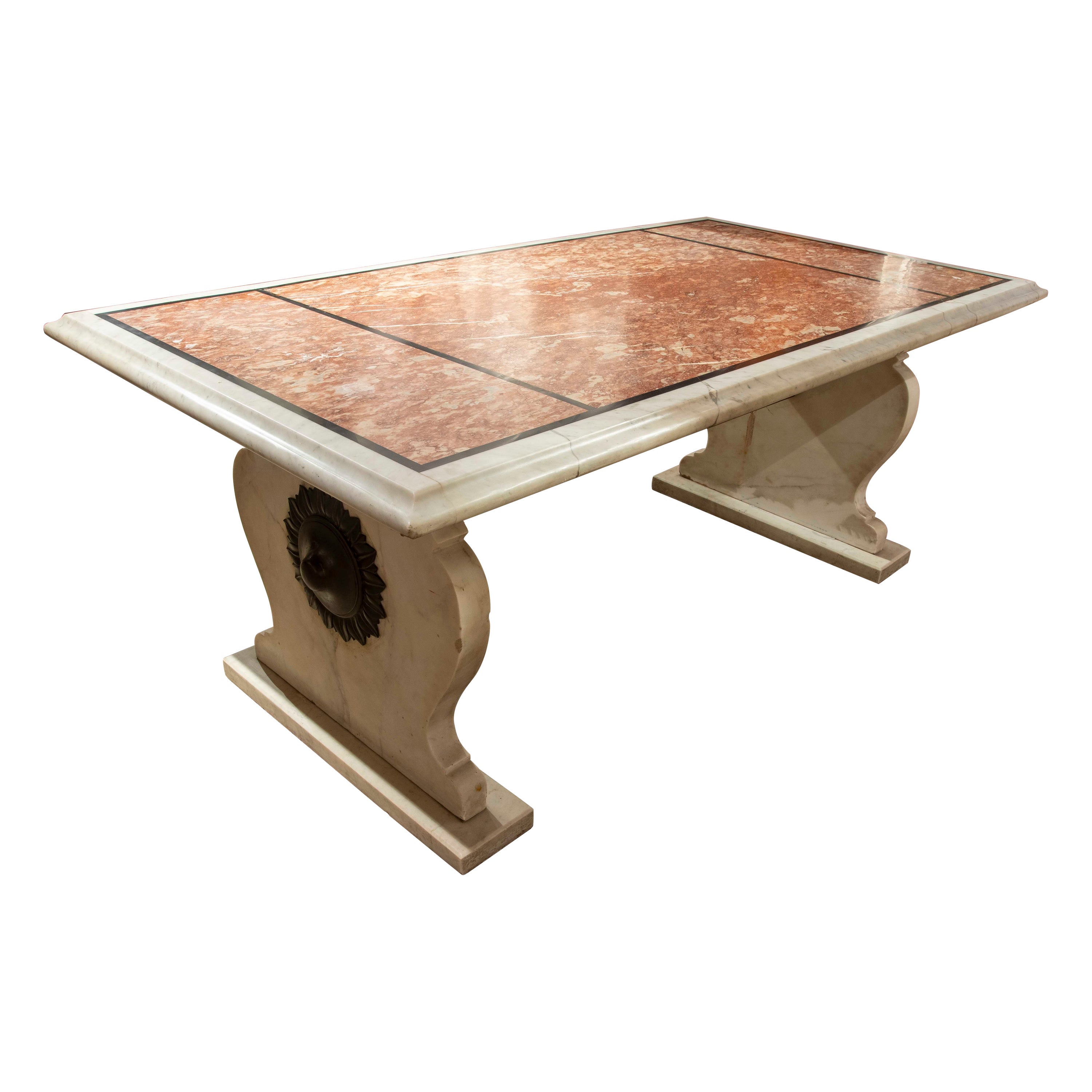 Italian Marble Table in Two-Tone with Bronze Connecting Rod with the Rosette For Sale