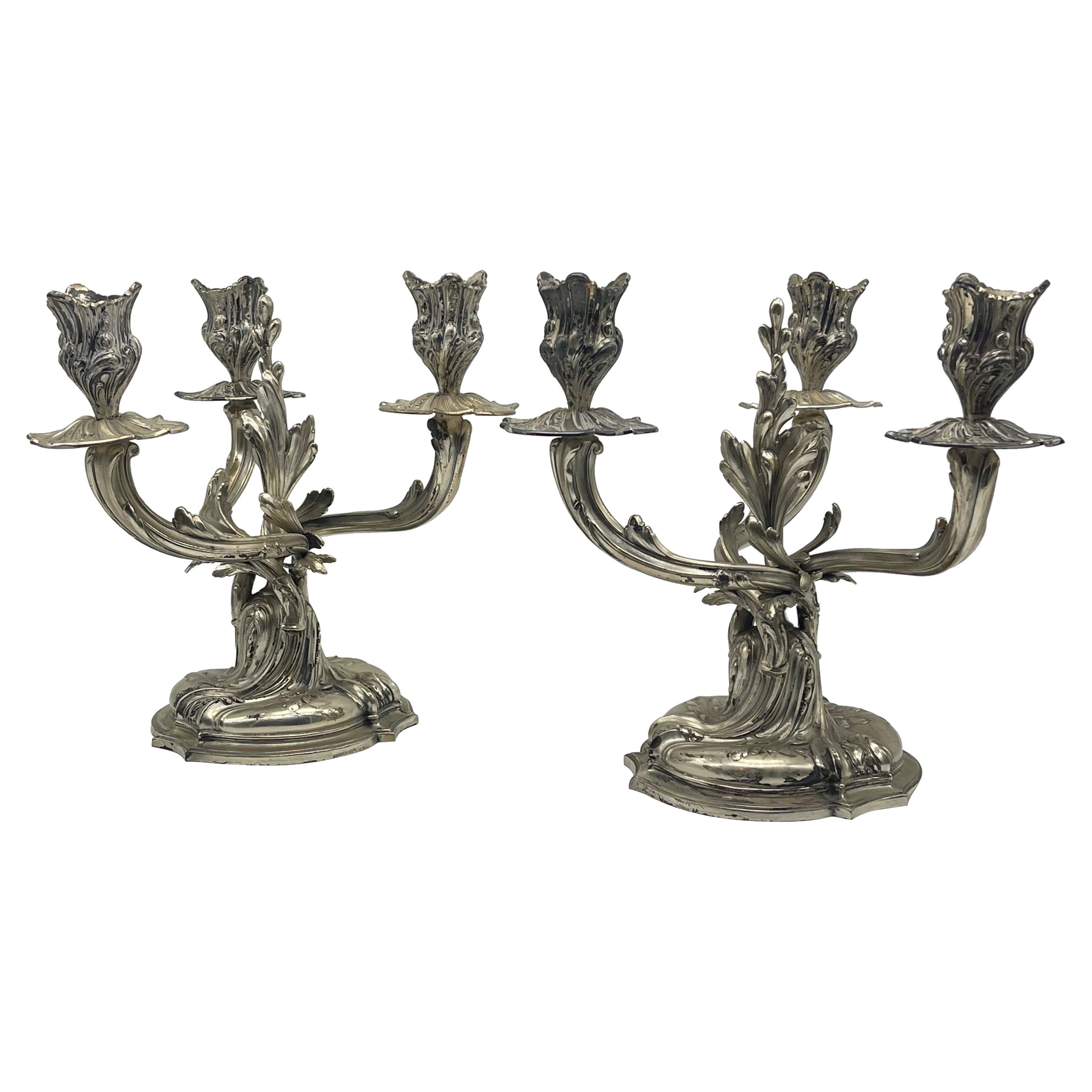 2 Antique Silver Candlesticks 3-armed 800 Germany Rococo Strube & Sohn  For Sale