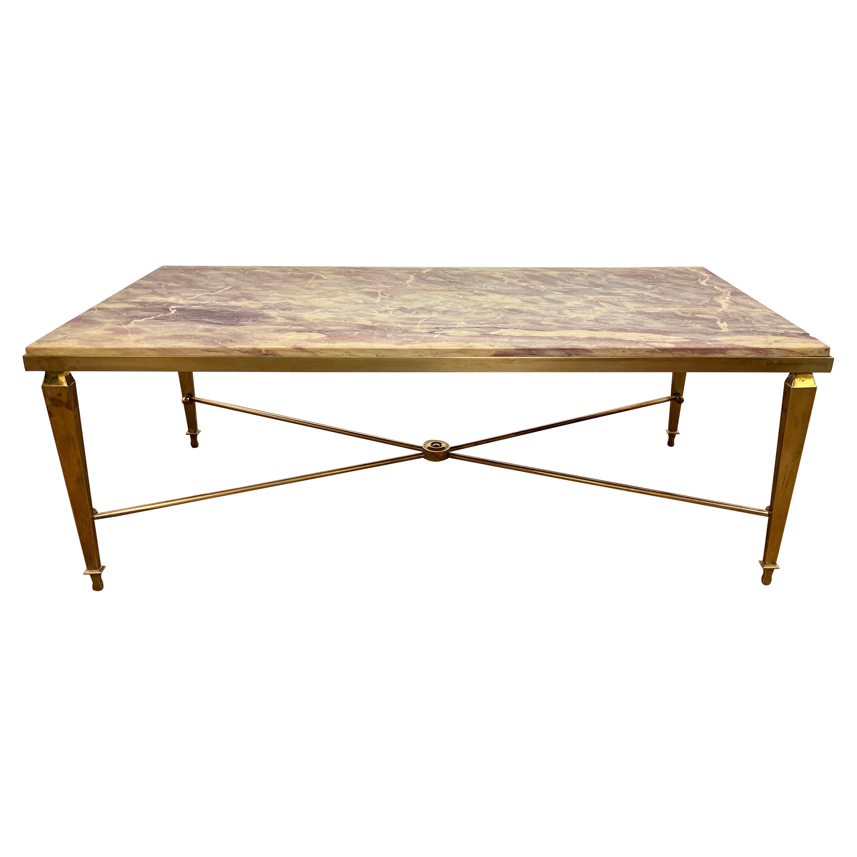 Maison Jansen Solid Brass Coffee Table With Lavender Marble Top, C. 1950s