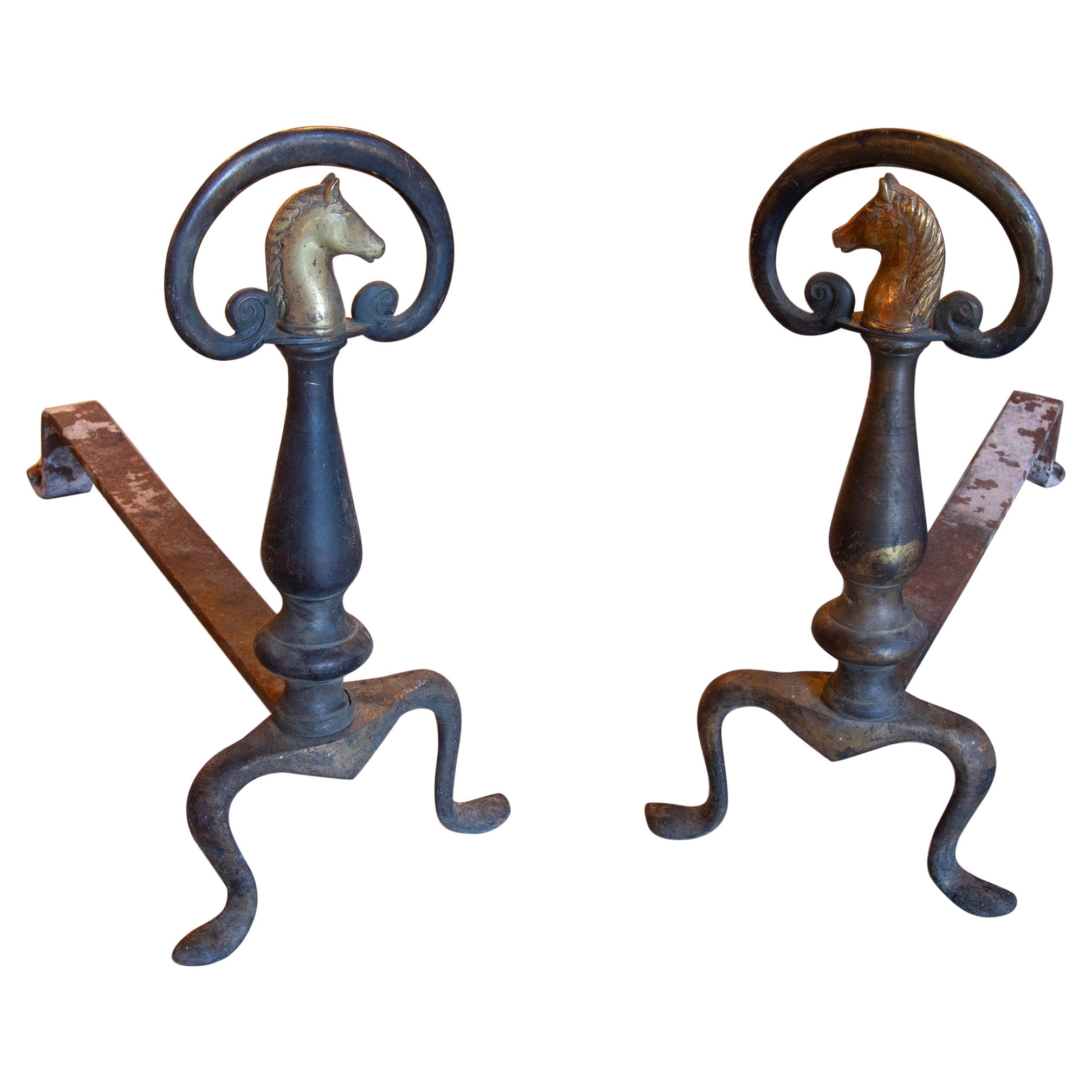 Pair of Iron Chimney Morels with Bronze Horses in the Front Part For Sale
