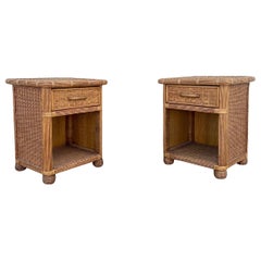 Used 1970s Rattan Wicker End Tables Night Stands, Set of 2