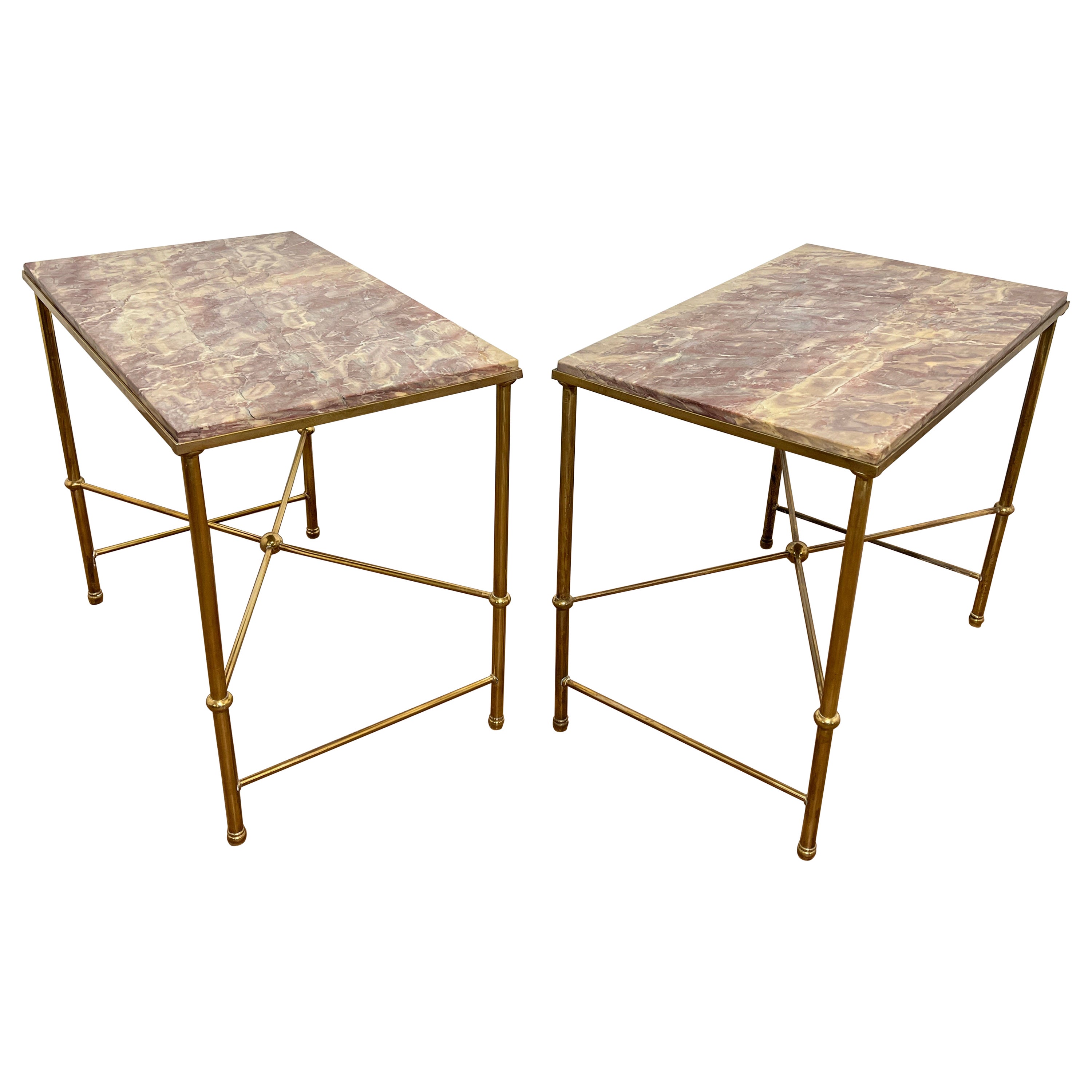 Maison Jansen Solid Brass Side Tables With Lavender Marble Top, C. 1950s