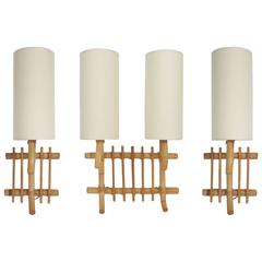 Set of Three 1950s Bamboo Sconces Attributed to Louis Sognot