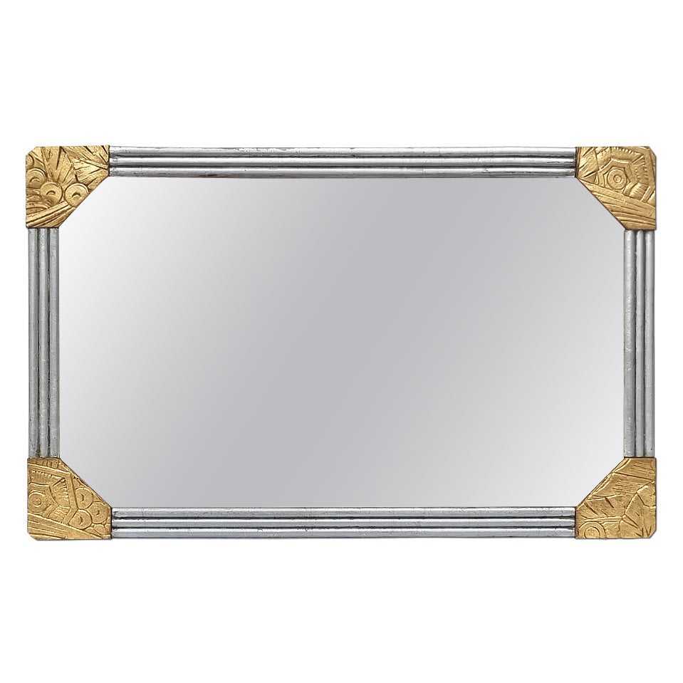 Antique French Art Deco Mirror, Gilded & Silvered Carved Wood, circa 1930 en vente