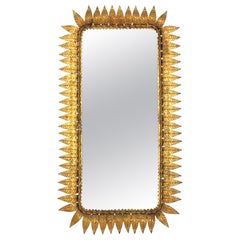 Retro Sunburst Rectangular Mirror in Gilt Iron, Hollywood Regency