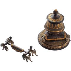 Patinated and Gilt Bronze Inkwell with Pen Holder