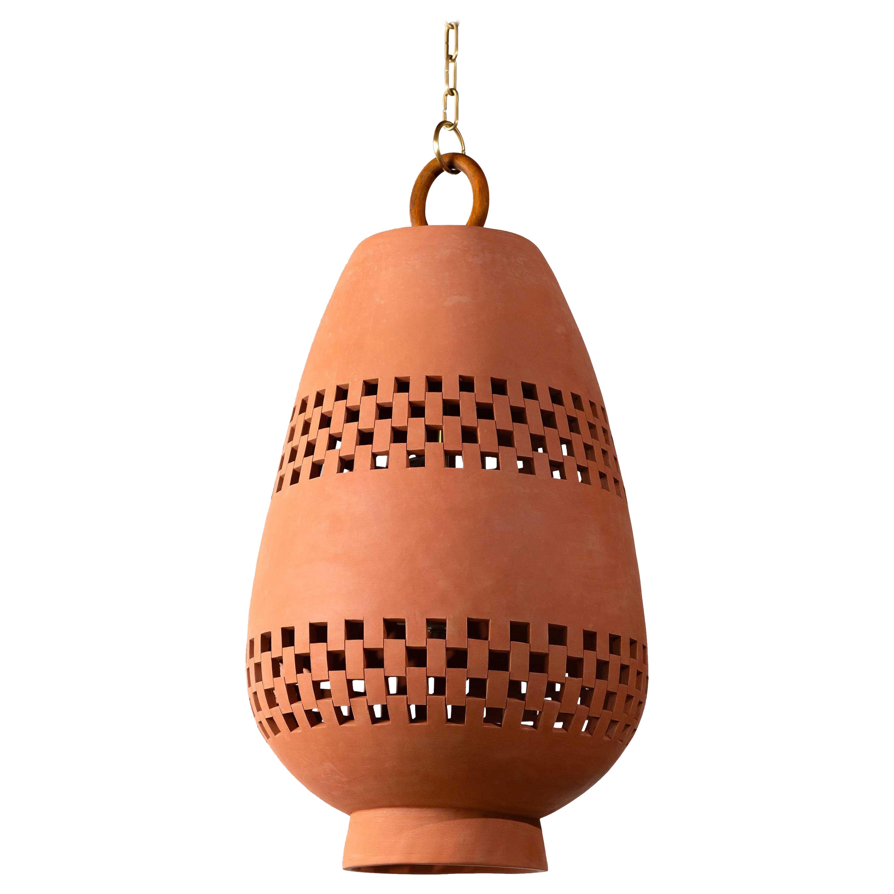 Terracotta Ceramic Pendant Light XL, Oiled Bronze, Ajedrez Atzompa Collection For Sale