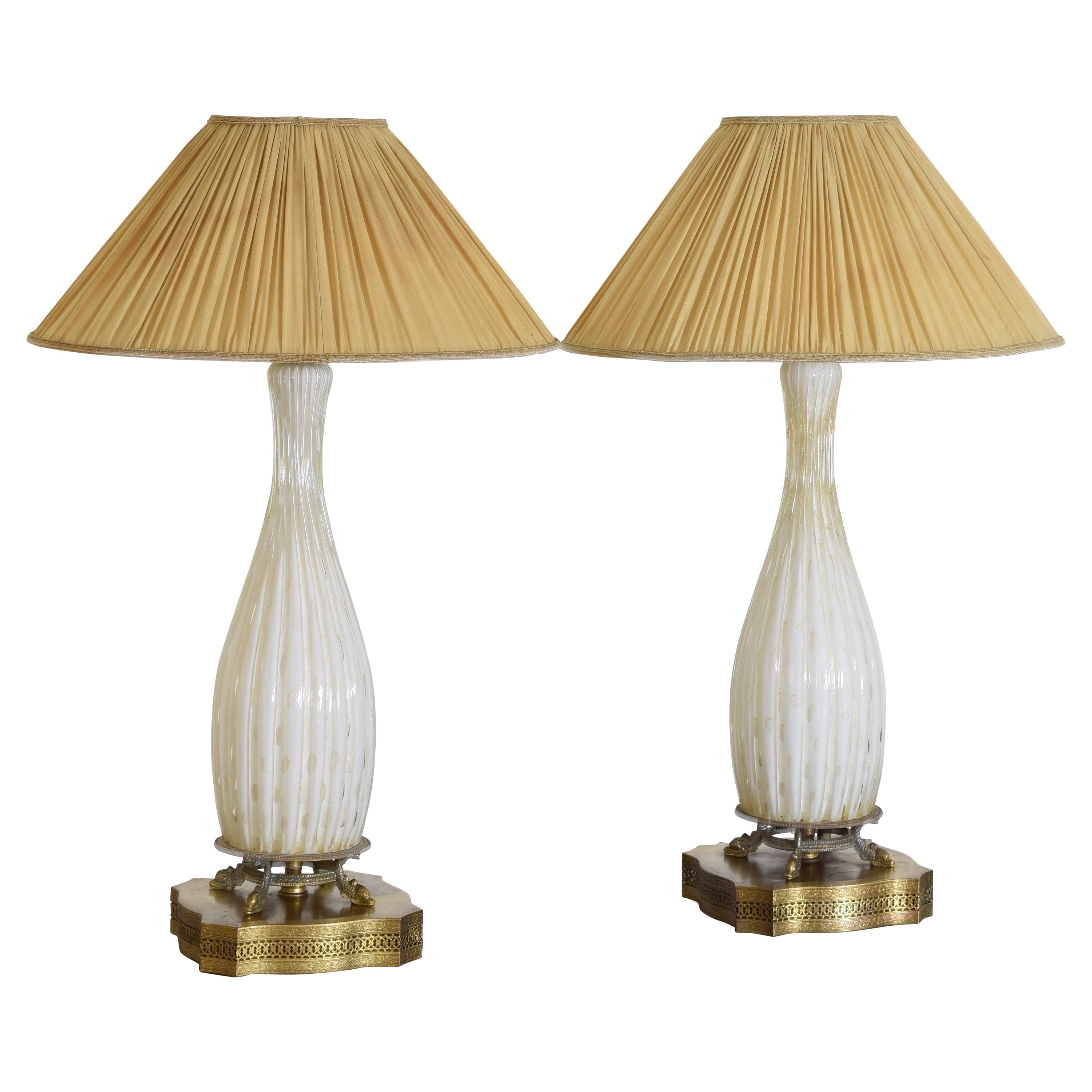 Italian, Murano, Pair Blown Glass & Brass Table Lamps, Custom Shades, ca. 1920s For Sale