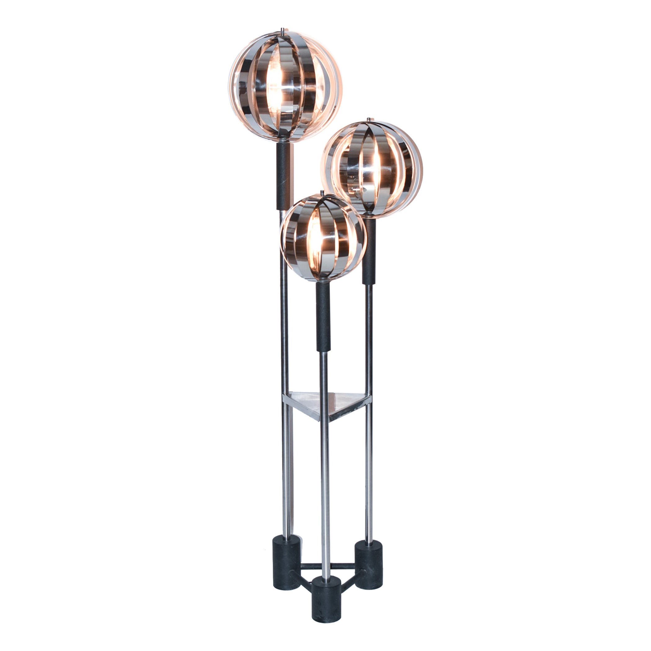 Chrome floor lamp, with three moon shades, spanish lamp For Sale