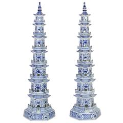Tall Elegant Pair of Blue and White Chinese Export Style Pagodas
