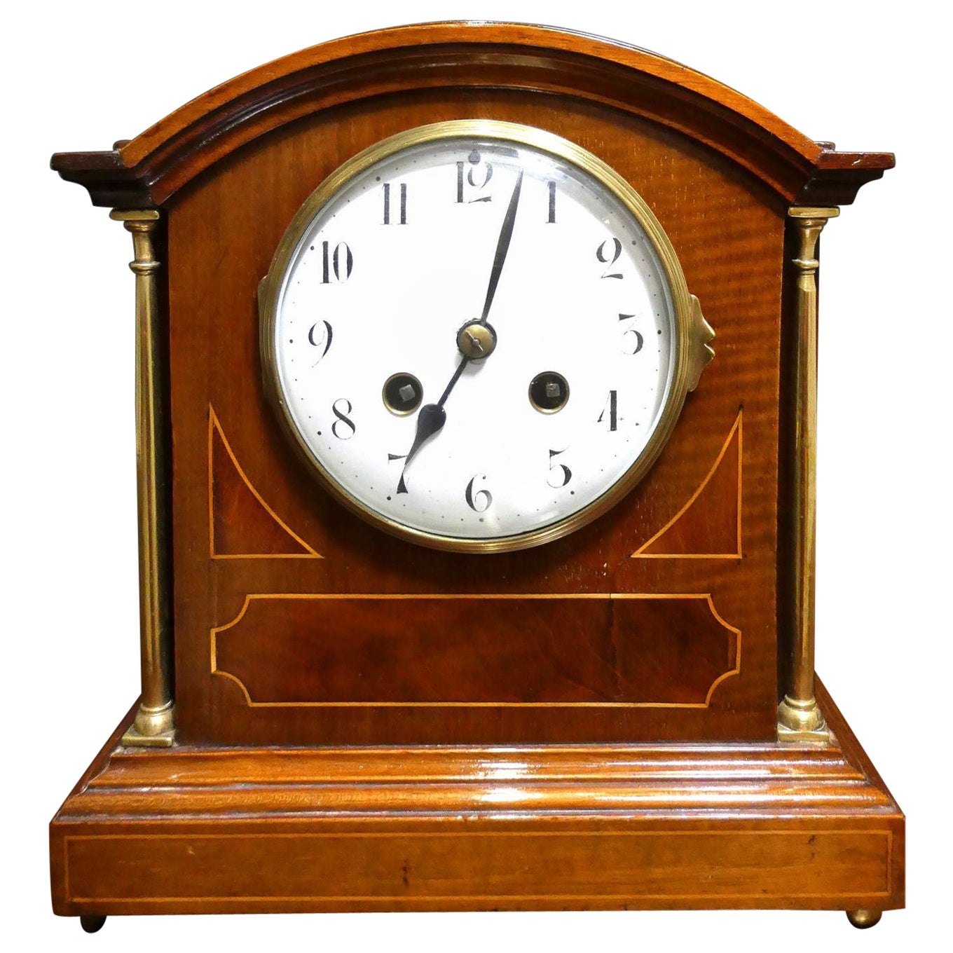 Edwardian Mahogany Inlaid Mantel Clock, Samuel Marti, Paris For Sale