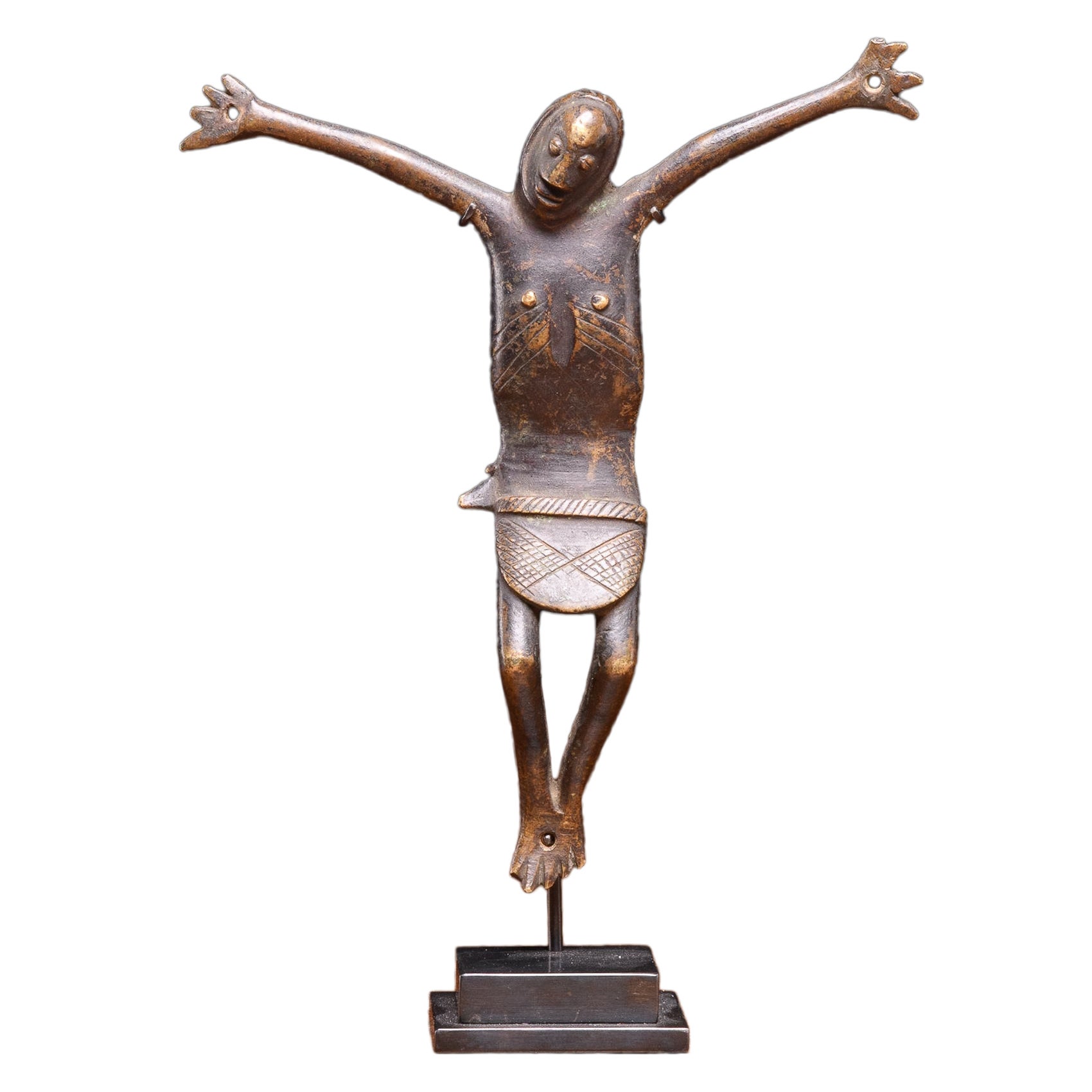 Bronze primitive  Christian crucifix "Nkangi Kiditu" made by Bakongo people DRC For Sale