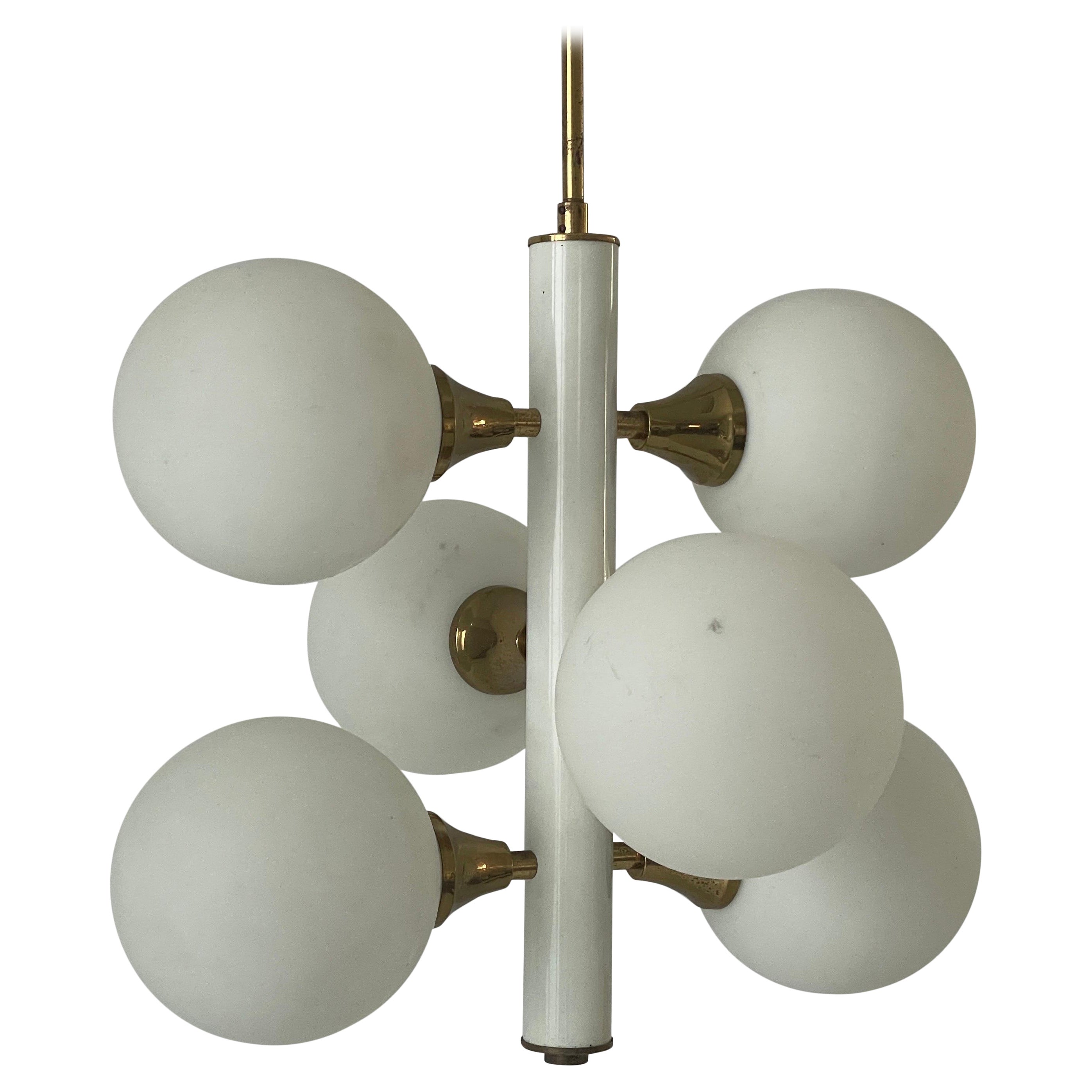 6 White Ball Glass Chandelier by Kaiser Leuchten, 1960s, Germany For Sale