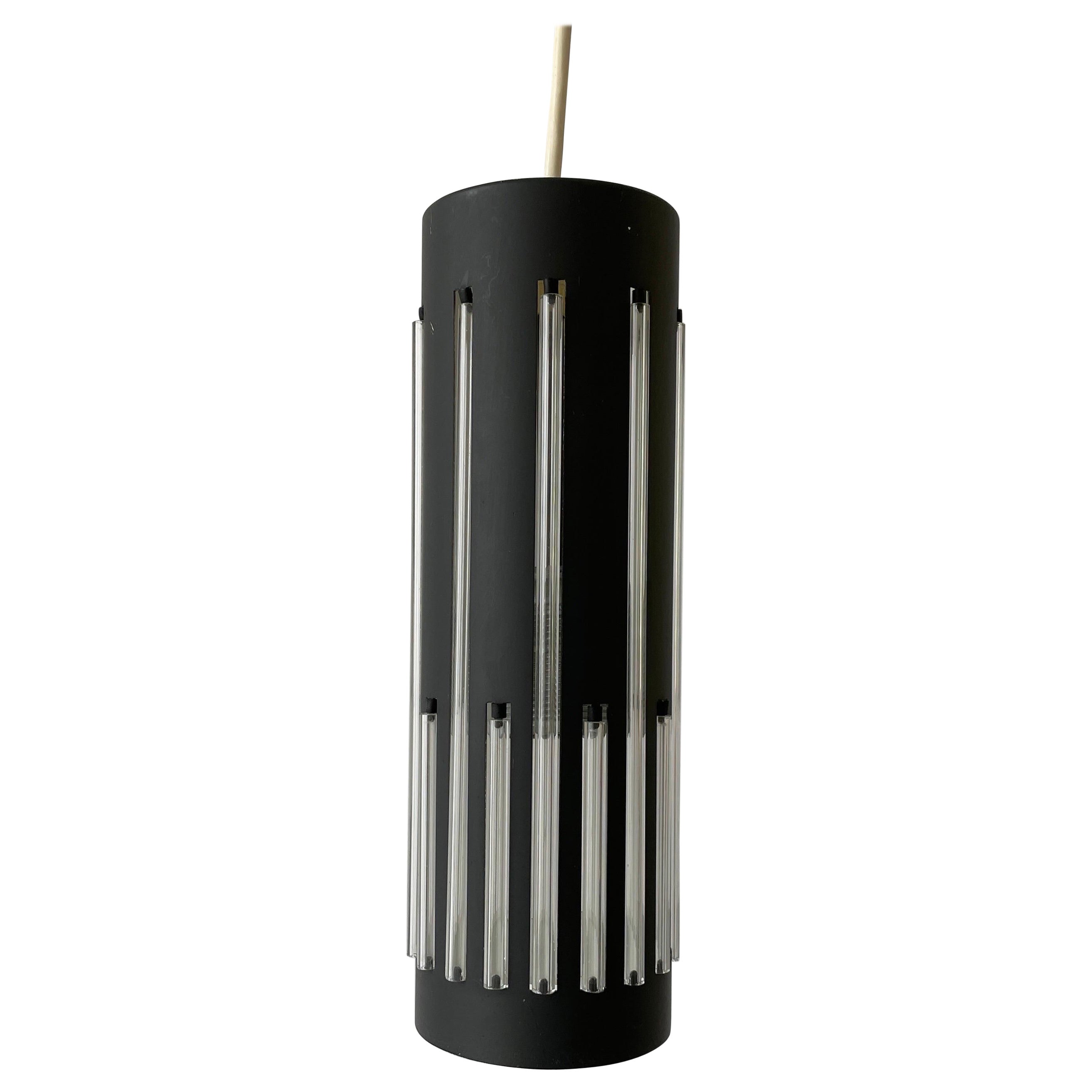 Modernist Cylinder Design Glass & Black Metal Pendant Lamp, 1960s, Germany