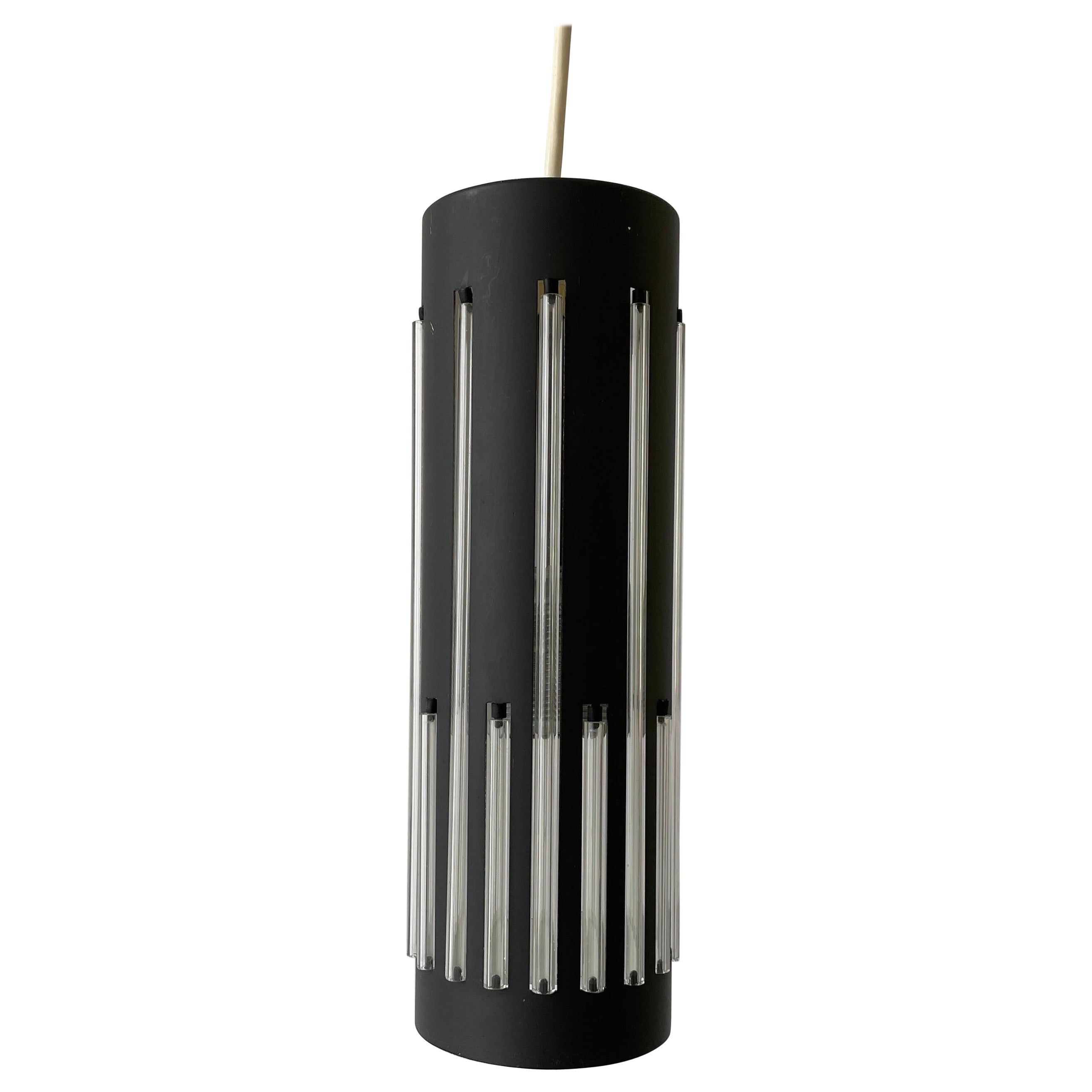 Lampada a sospensione modernista a cilindro in vetro e metallo nero, anni '60, Germania