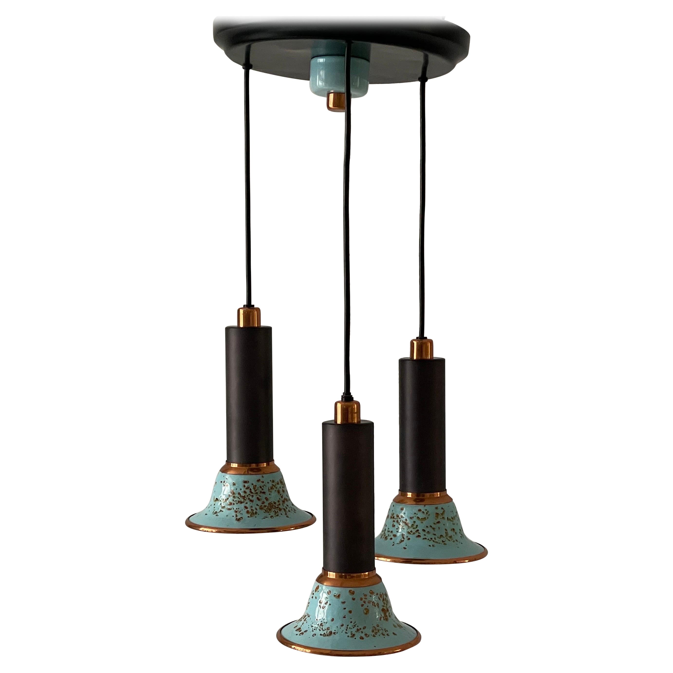 Turkois Enamel 3 Shade Cascade Lamp by VEB Leuchten, 1960s, Germany For Sale