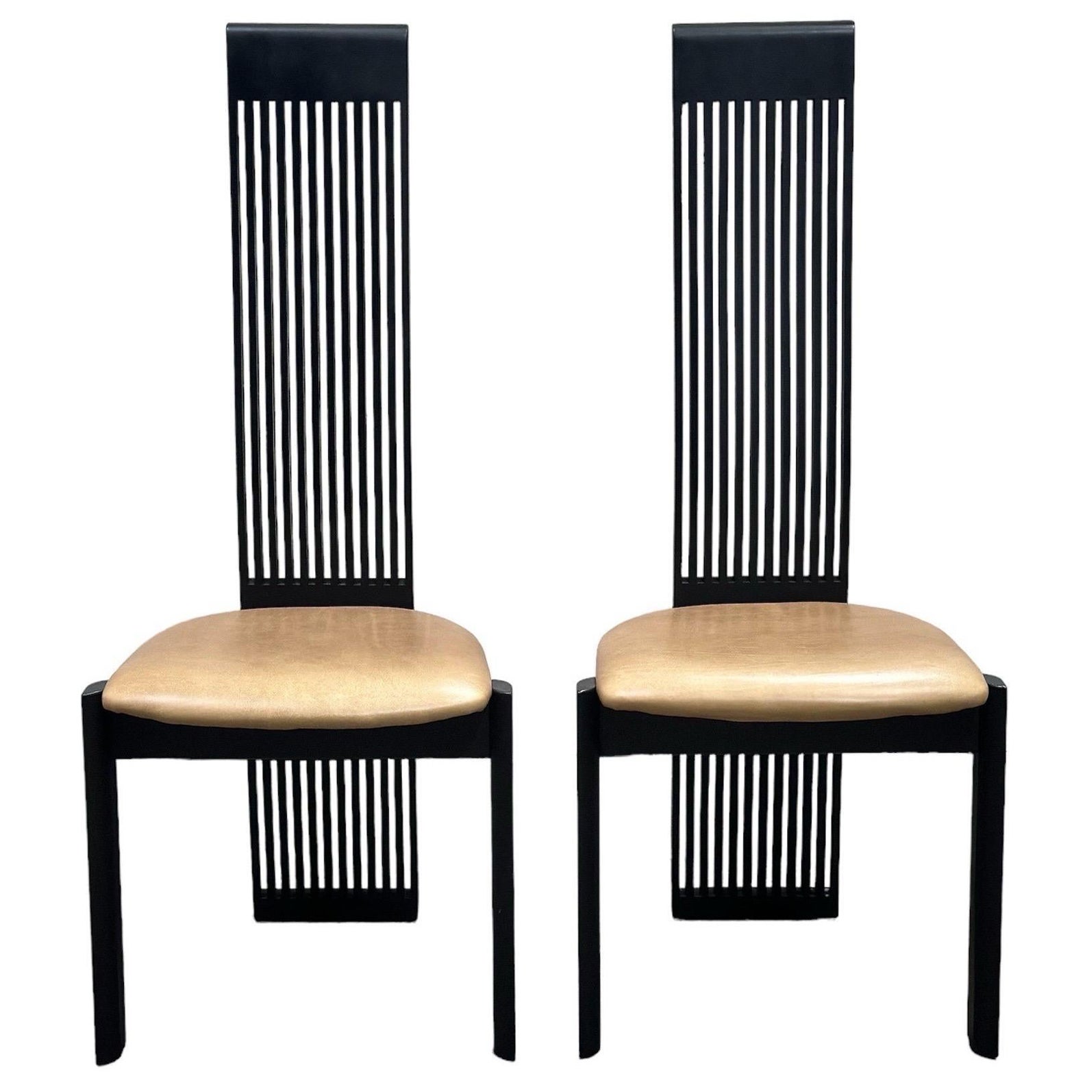 Post Modern High Back Leather Dining Chairs - Pietro Consantini - One Pair (2) For Sale