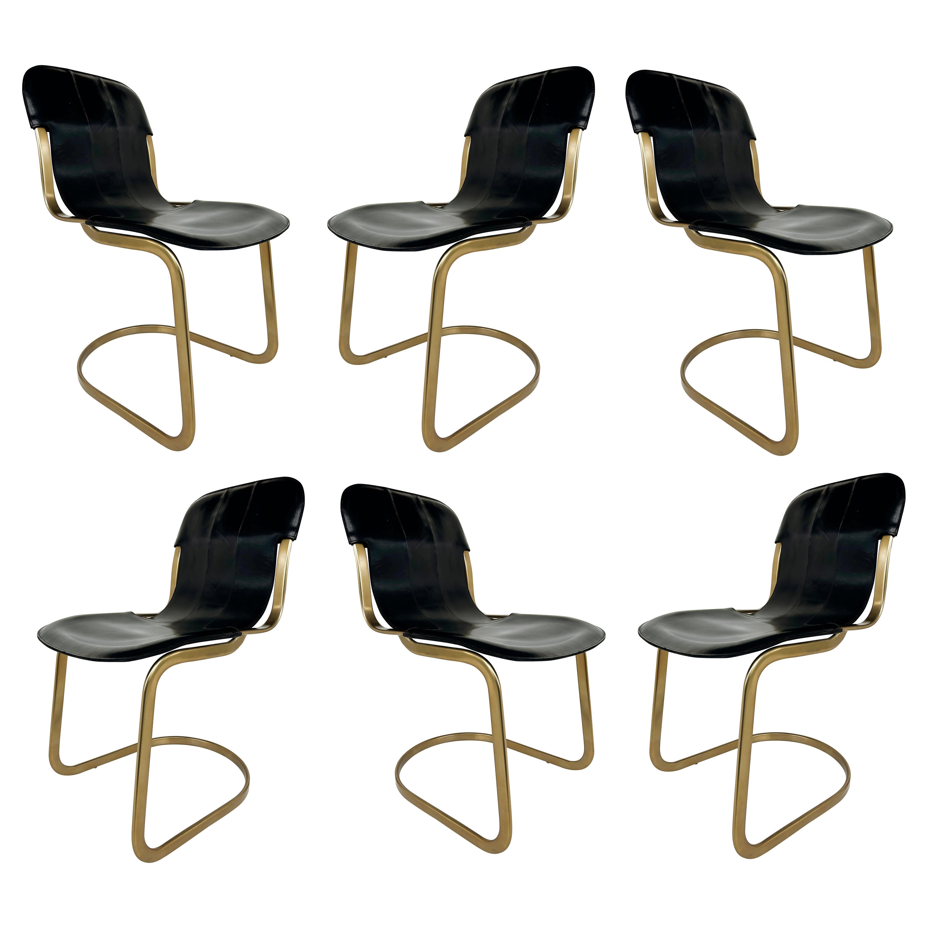 Brass Plated Leather Cantilevered Dining Chairs After Willy Rizzo, Set of 6 For Sale