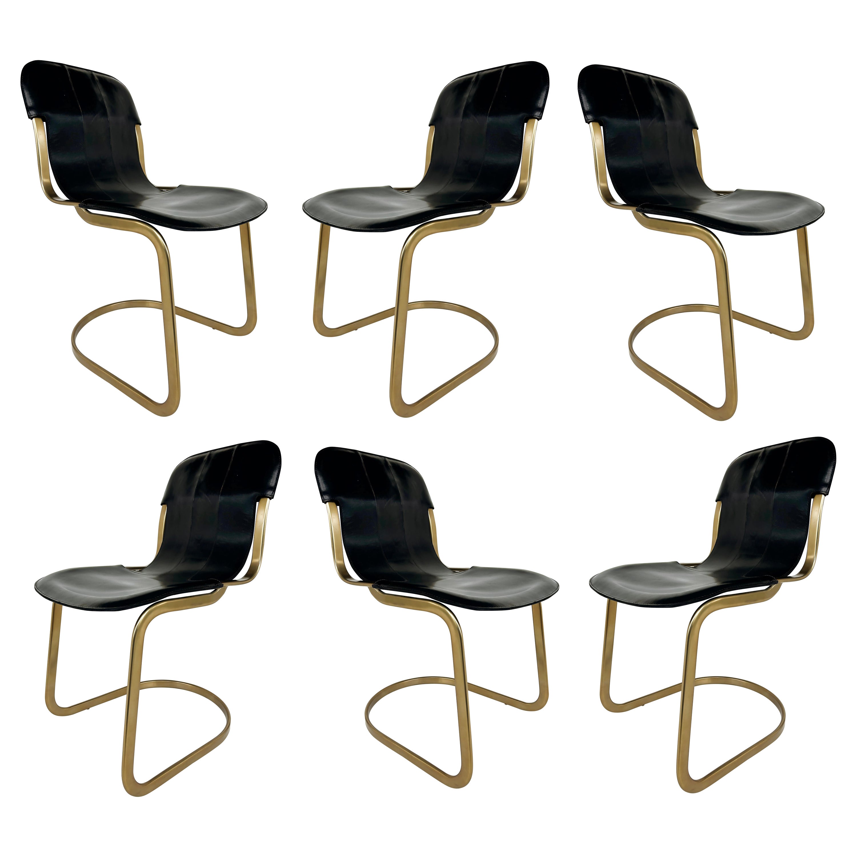 Brass Plated Leather Cantilevered Dining Chairs After Willy Rizzo Desgn