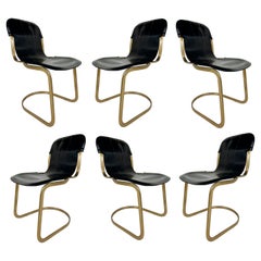 Used Brass Plated Leather Cantilevered Dining Chairs After Willy Rizzo Desgn