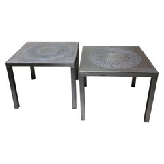 Pair of steel side tables top with inlay décoration Belgium 1970 