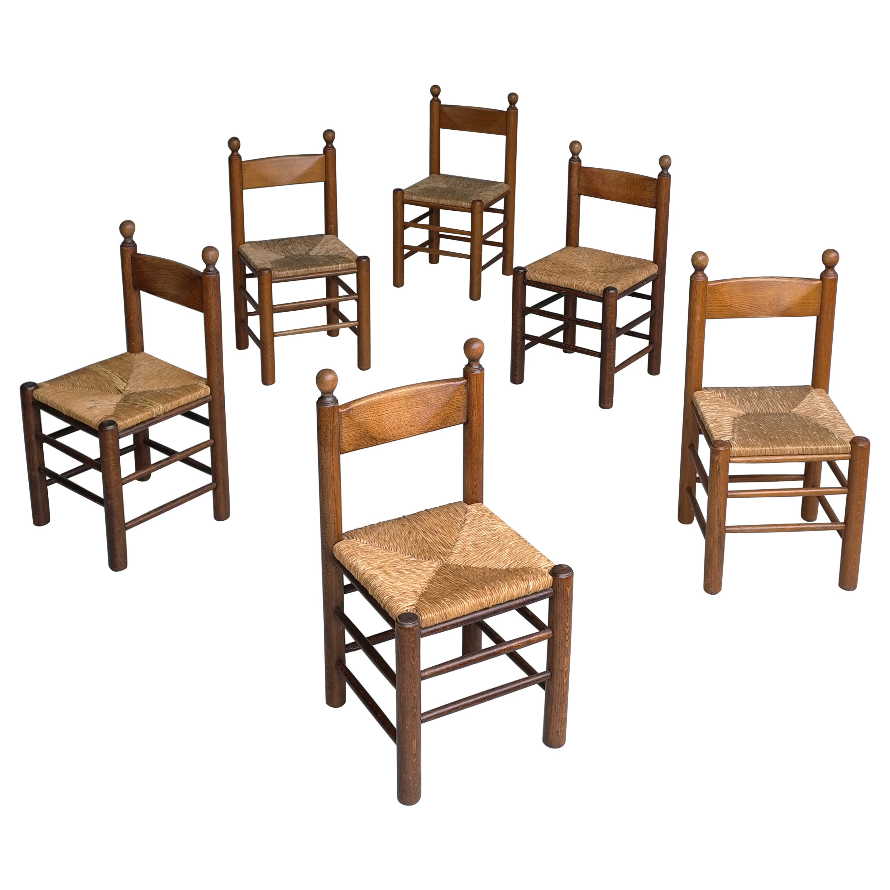 12 Oak and Rush Chairs in Style of Charles Dudouyt , France 1960's
