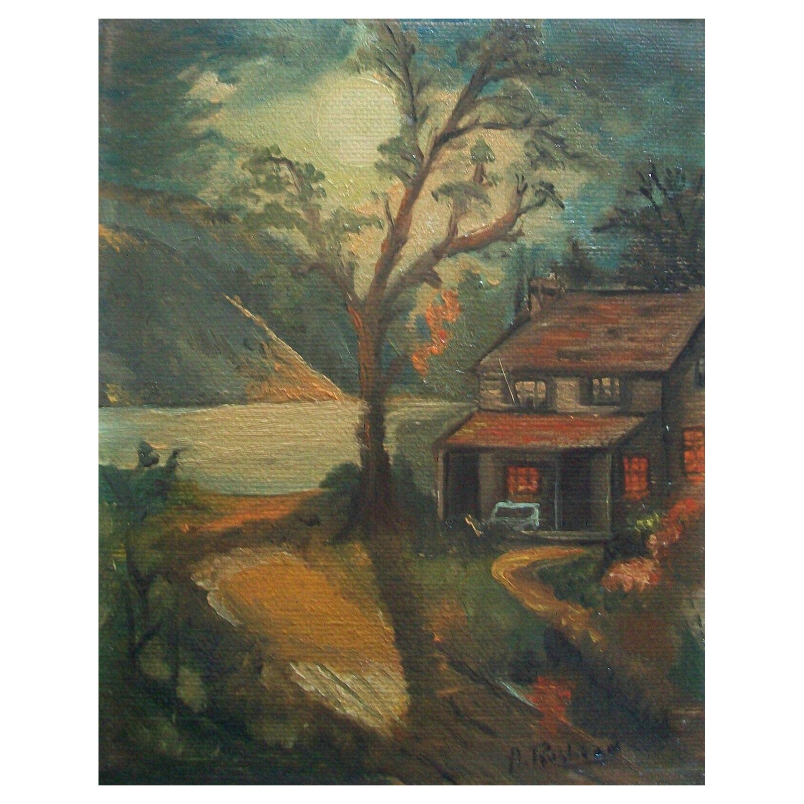 A. RUSHTON - Vintage Folk Art Oil Painting - Encadré - Canada - Mid 20th Century