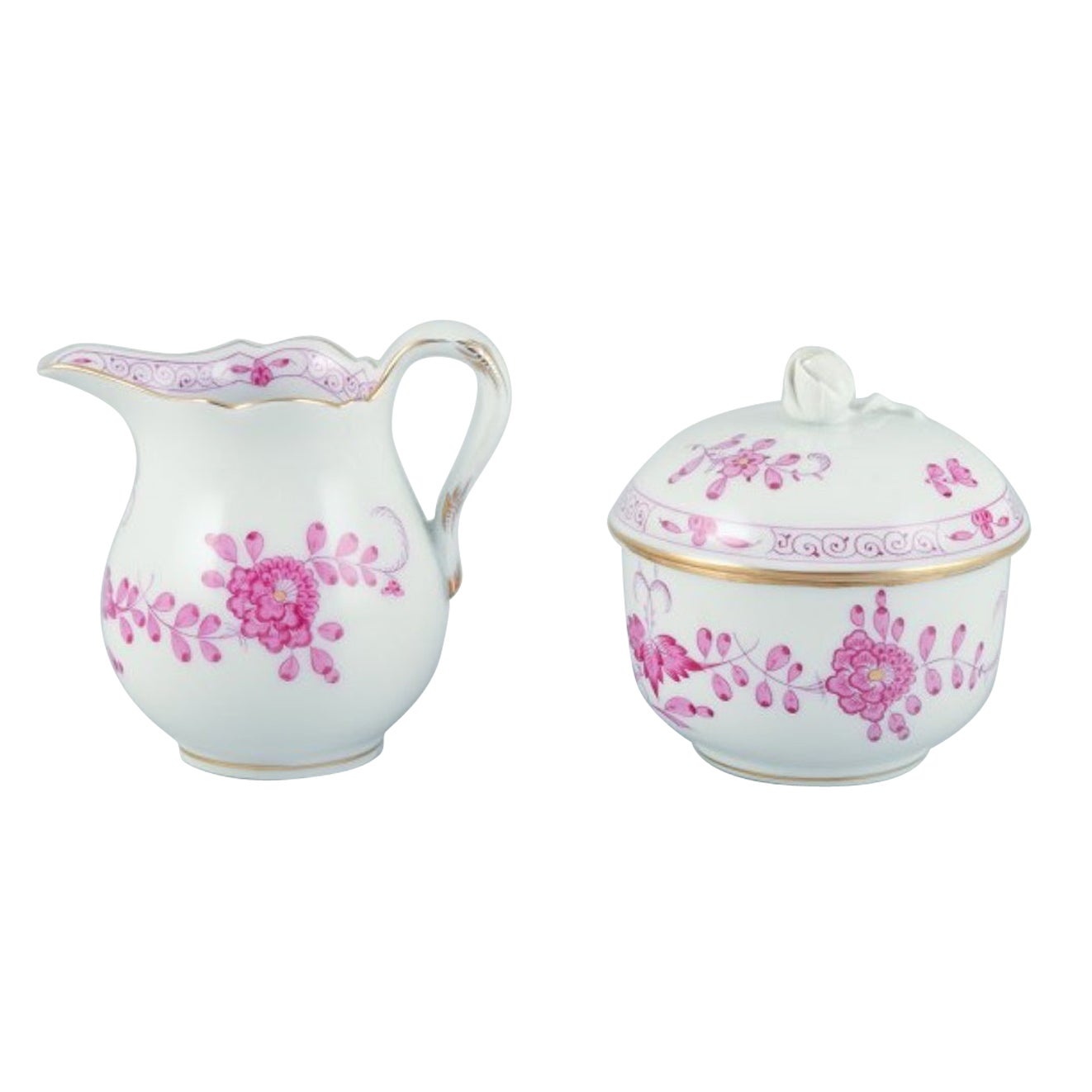 Meissen, Germany. Pink Indian sugar bowl and creamer in hand-painted porcelain.  For Sale