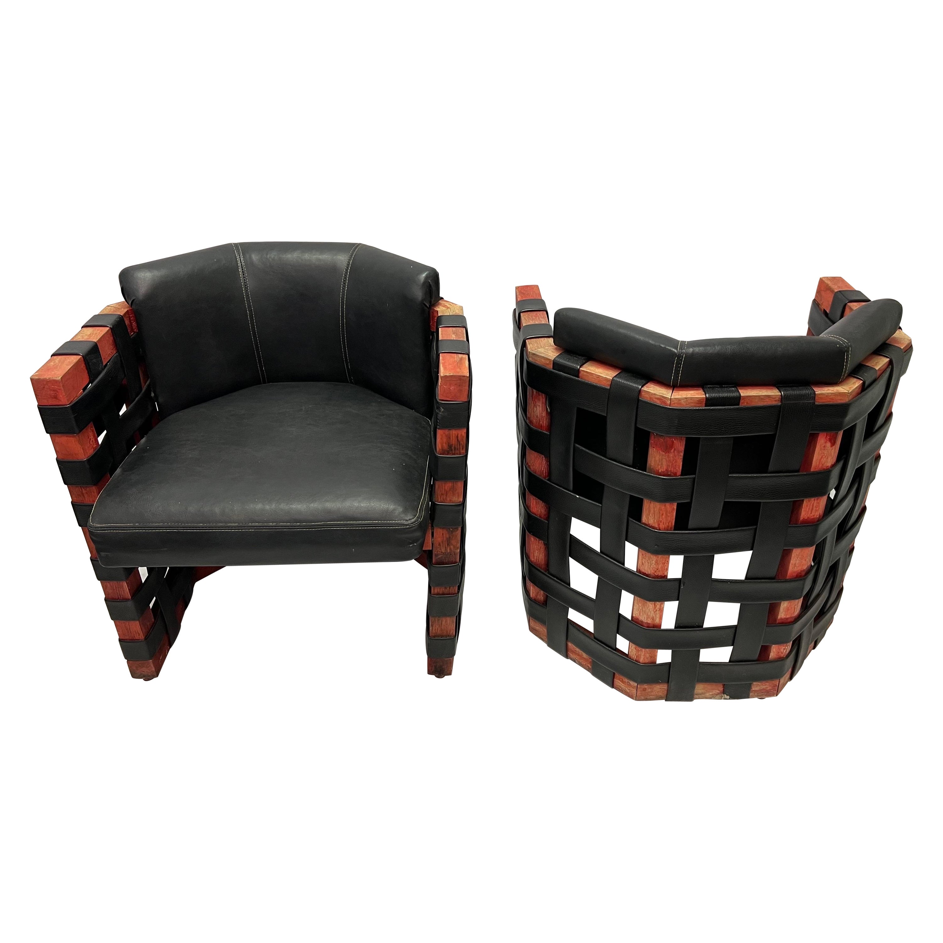 1950’s French Brutalist Leather Strapping Barrel Chairs - a Pair For Sale