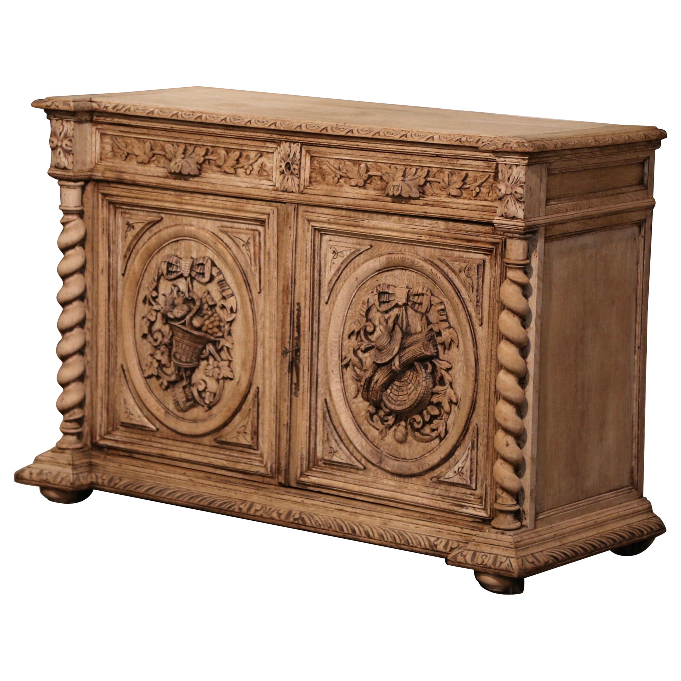 19th Century French Carved Bleached Oak Buffet with Fruit and Leaf Motifs For Sale